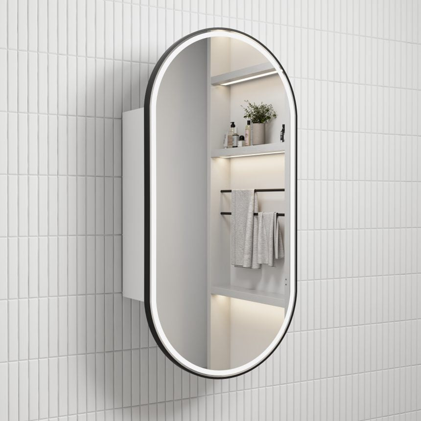 AULIC BEAU MONDE MATTE BLACK FRAMED MATTE WHITE LED SHAVING CABINET 450X900MM