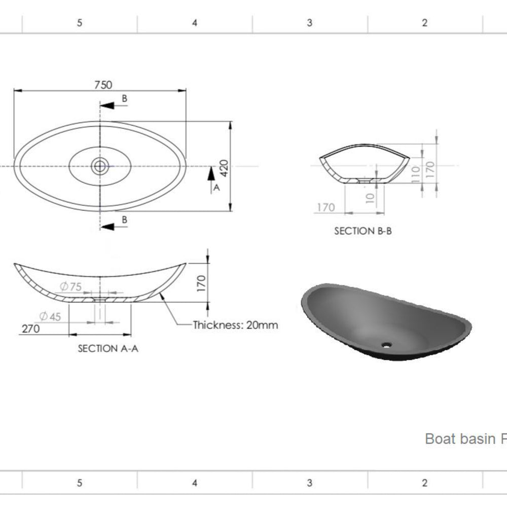 PIETRA BIANCA BOAT ABOVE COUNTER STONE BASIN WITH CUSTOM COLOURS 750MM