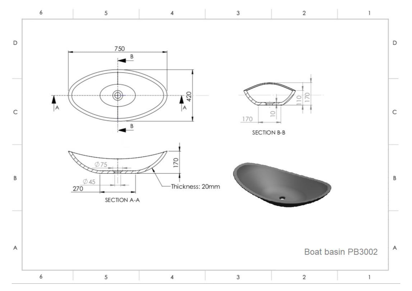 PIETRA BIANCA BOAT ABOVE COUNTER STONE BASIN WITH CUSTOM COLOURS 750MM