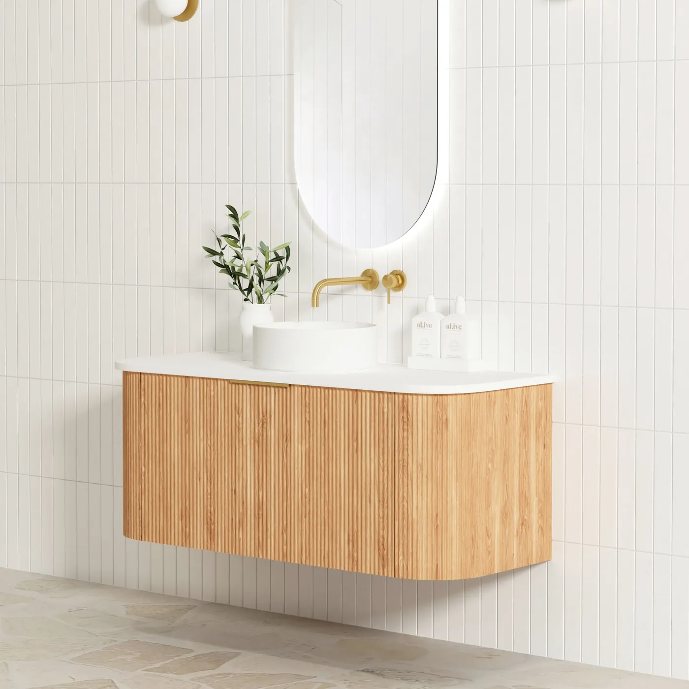 OTTI BONDI WOODLAND OAK FLUTED 1200MM CURVE SINGLE BOWL WALL HUNG VANITY