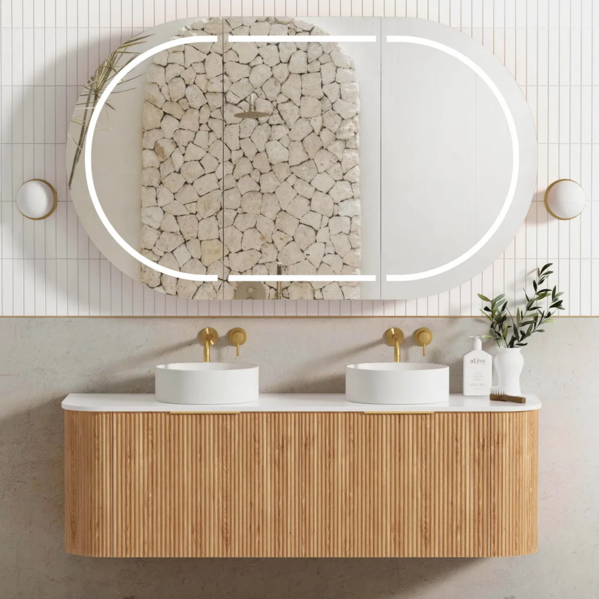 OTTI BONDI WOODLAND OAK FLUTED 1500MM CURVE DOUBLE BOWL WALL HUNG VANITY