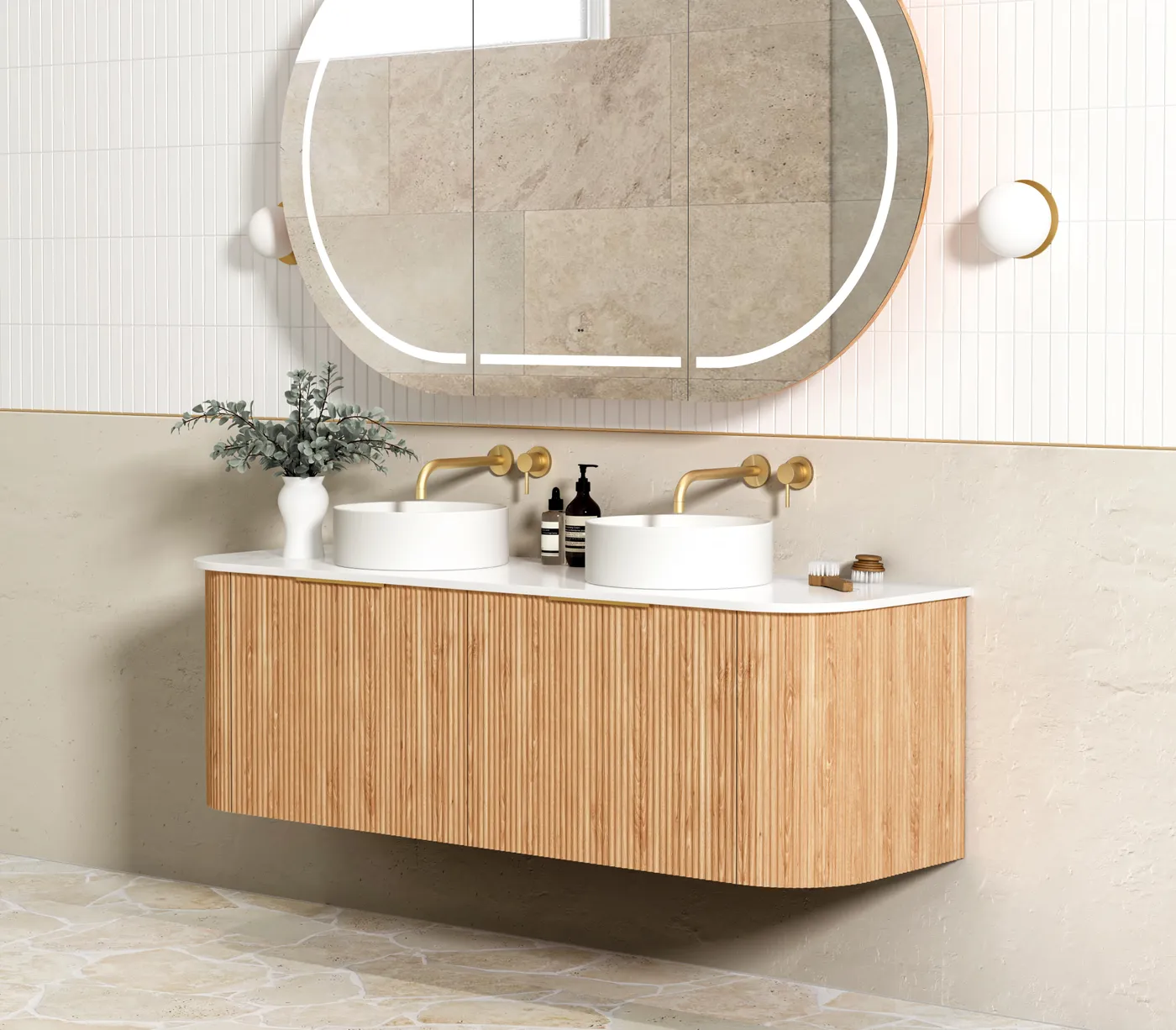 OTTI BONDI WOODLAND OAK FLUTED 1500MM CURVE DOUBLE BOWL WALL HUNG VANITY