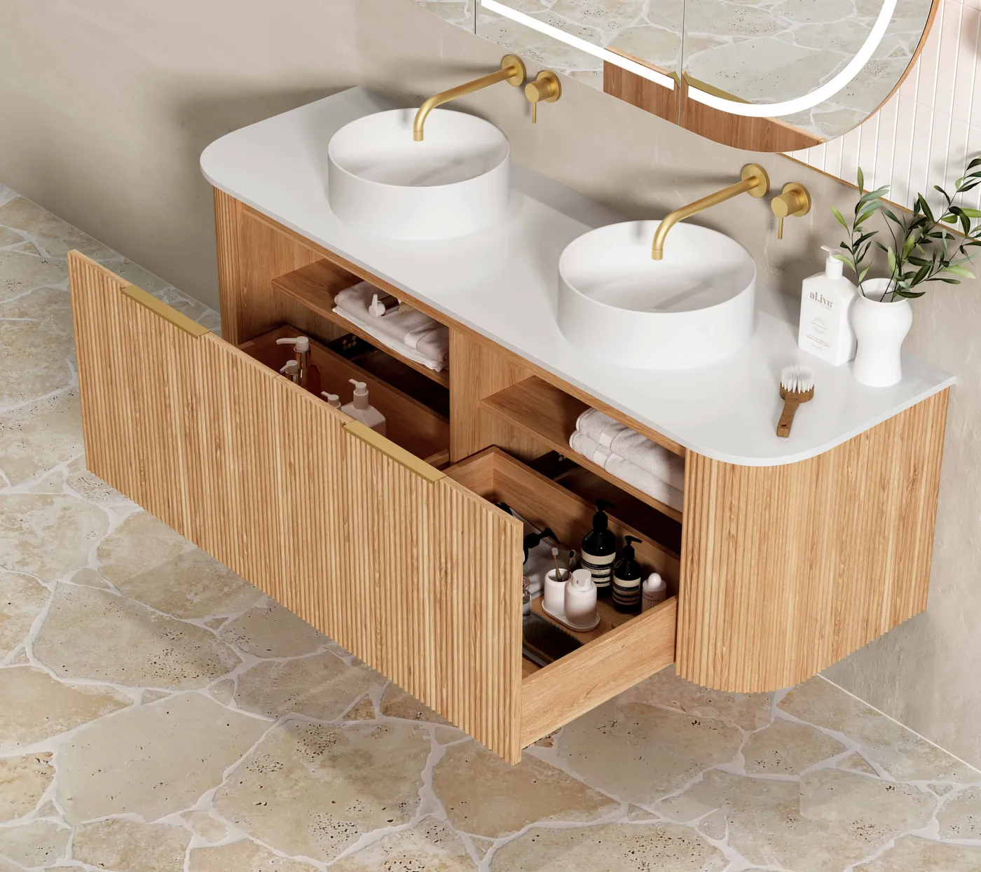 OTTI BONDI WOODLAND OAK FLUTED 1500MM CURVE DOUBLE BOWL WALL HUNG VANITY