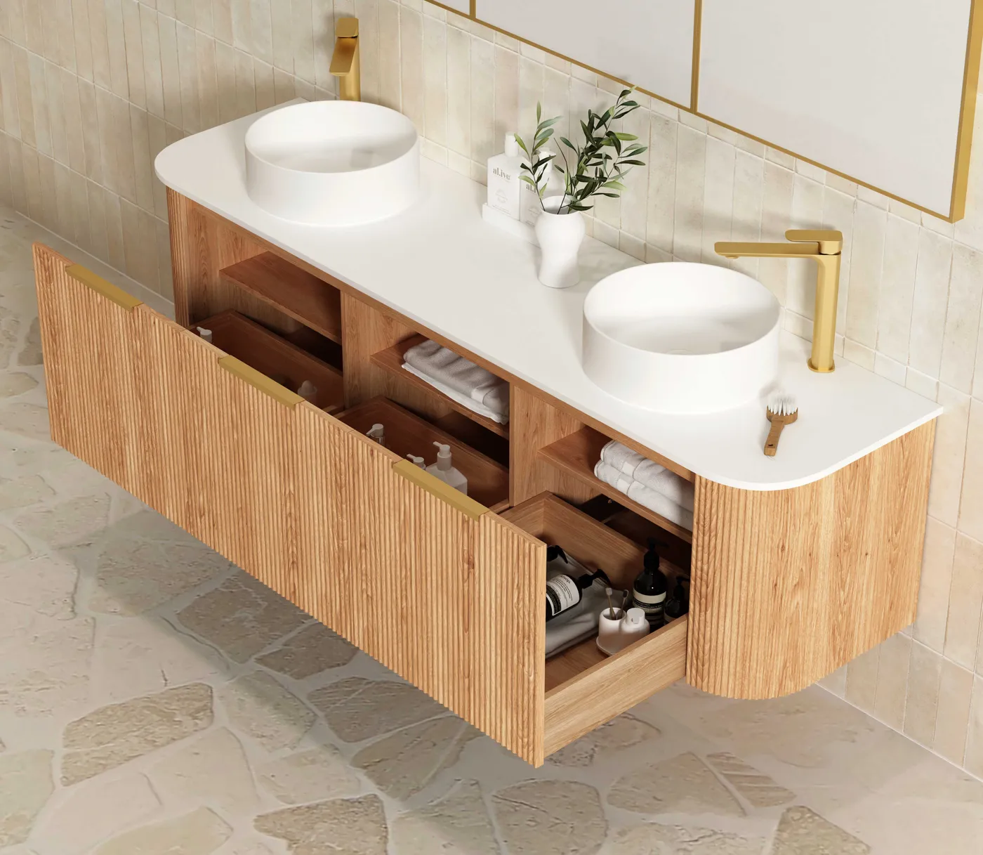 OTTI BONDI WOODLAND OAK FLUTED 1800MM CURVE DOUBLE BOWL WALL HUNG VANITY