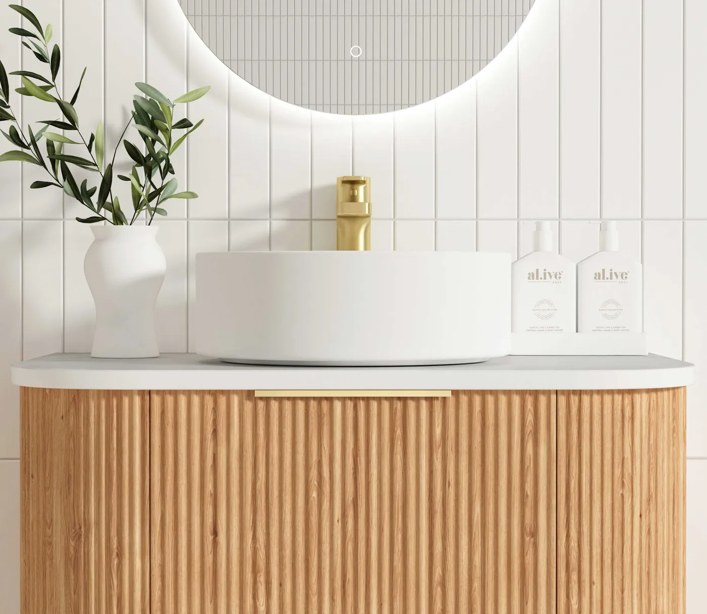 OTTI BONDI WOODLAND OAK FLUTED 750MM CURVE SINGLE BOWL WALL HUNG VANITY