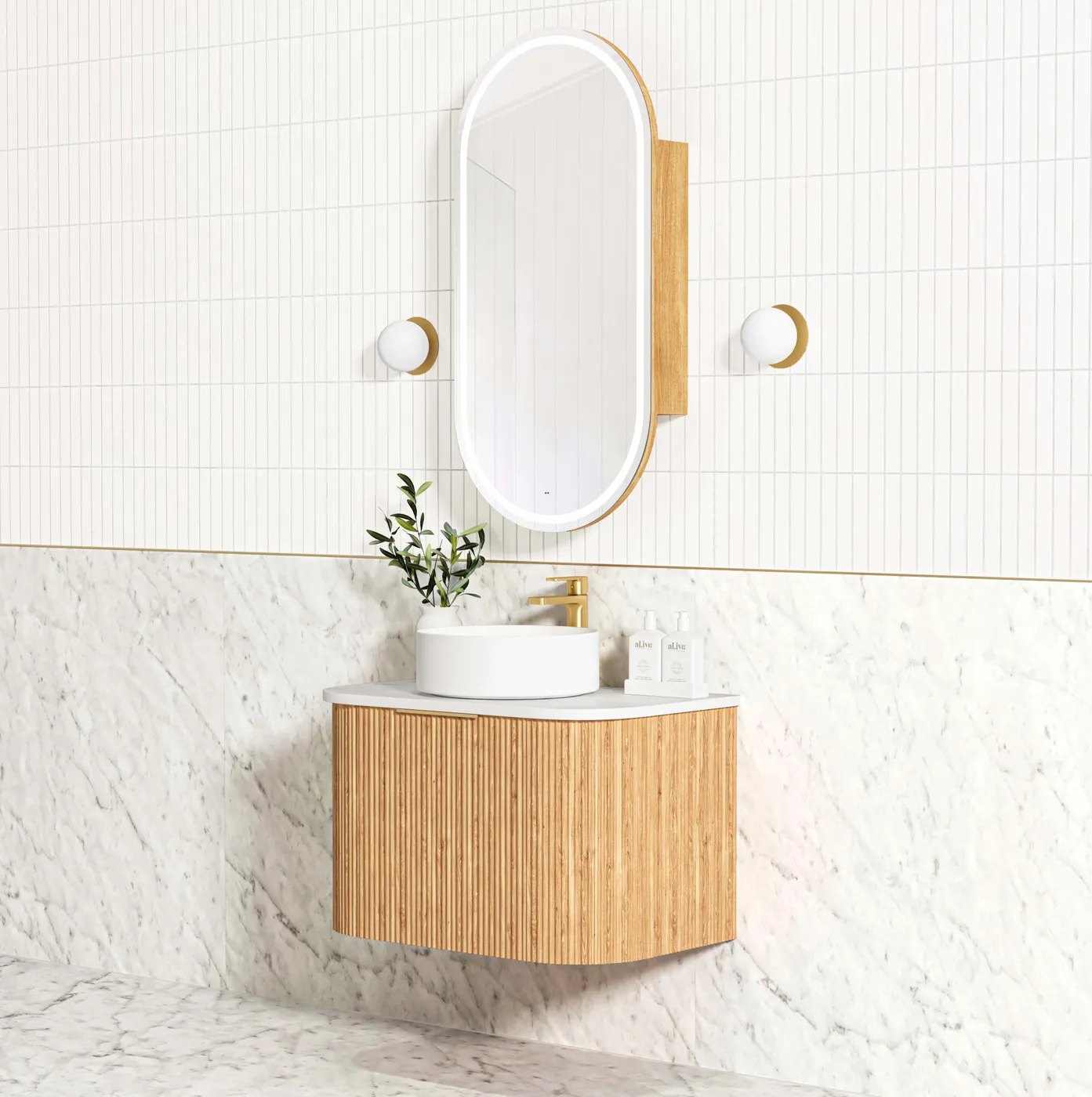 OTTI BONDI WOODLAND OAK FLUTED 750MM CURVE SINGLE BOWL WALL HUNG VANITY