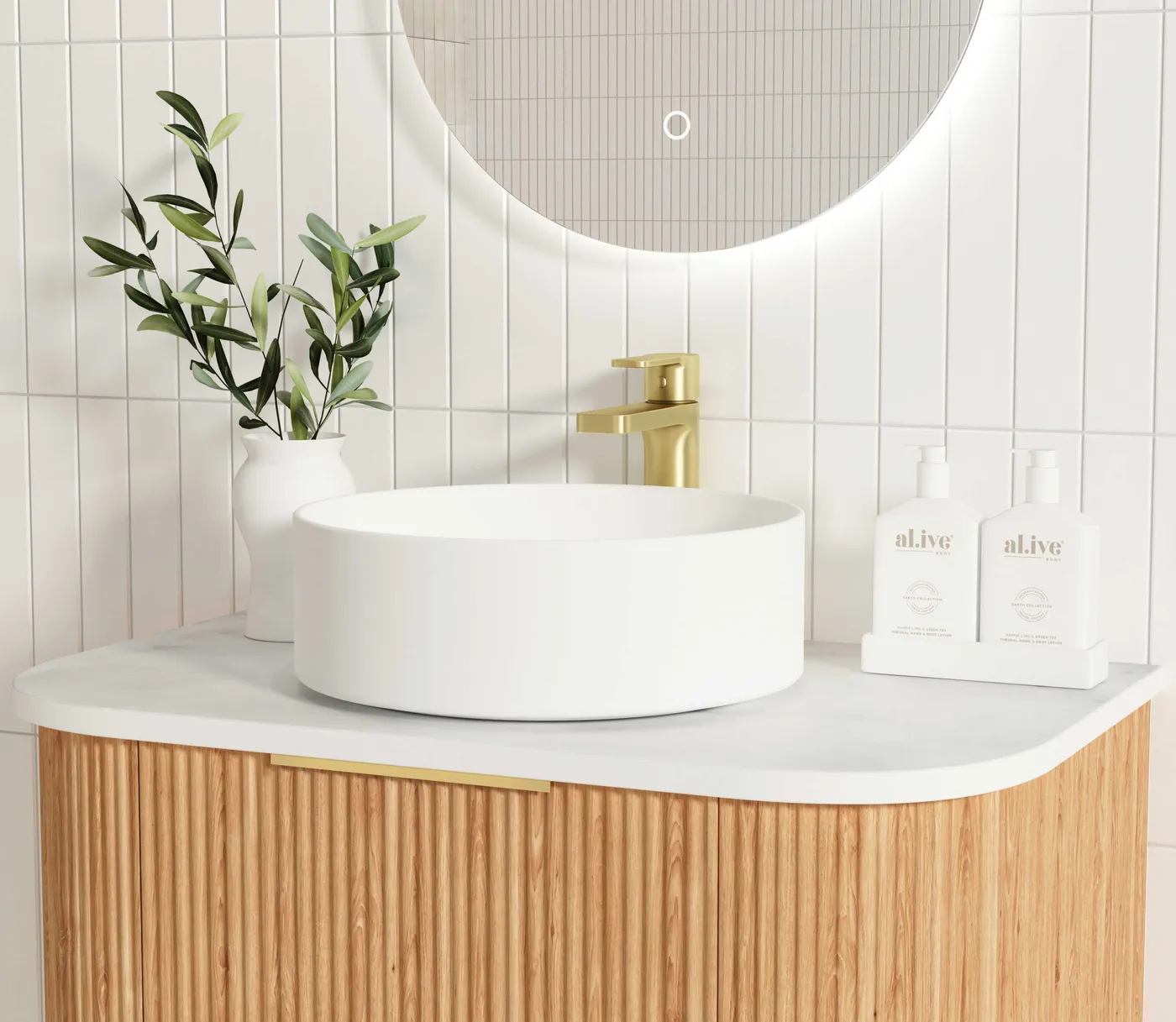 OTTI BONDI WOODLAND OAK FLUTED 750MM CURVE SINGLE BOWL WALL HUNG VANITY