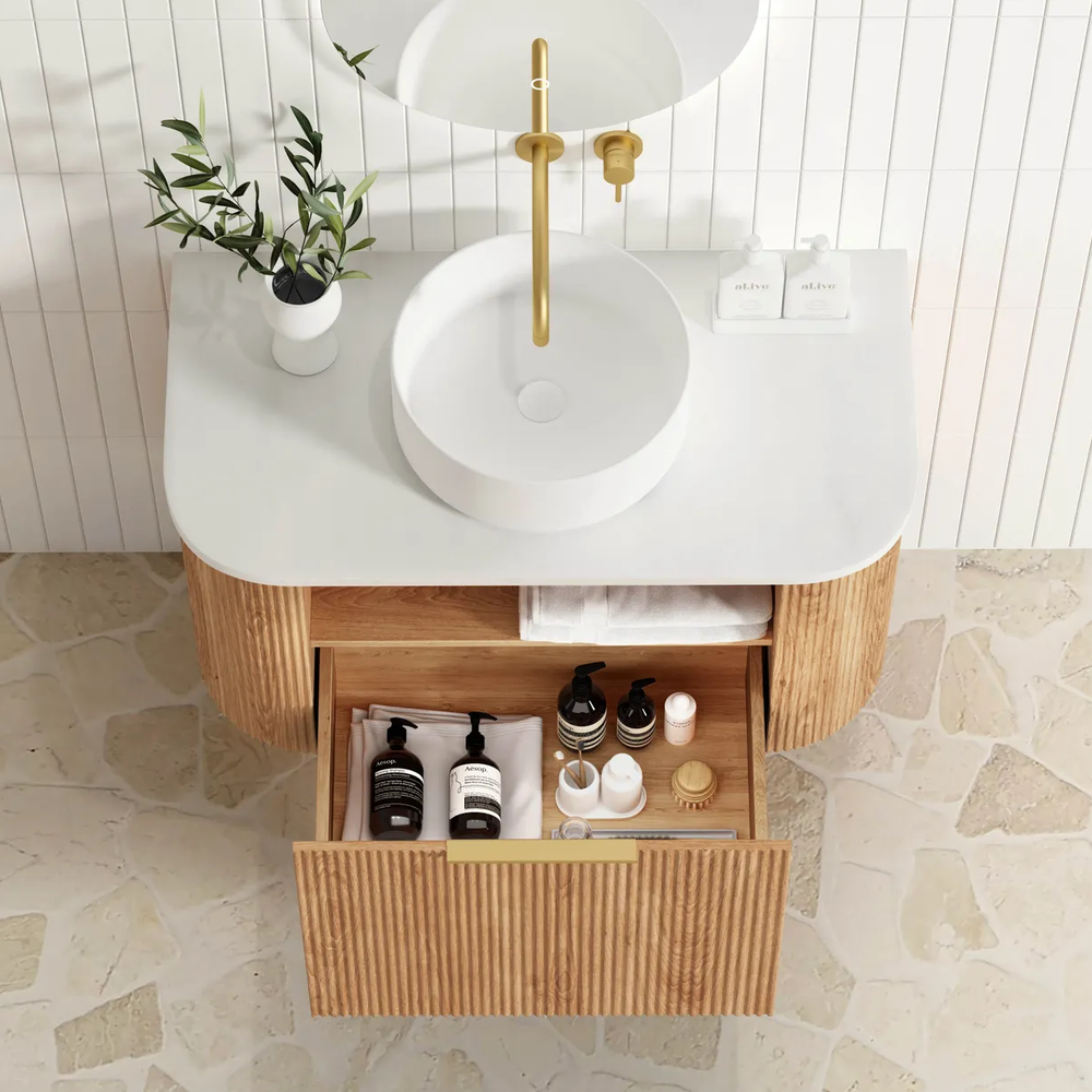 OTTI BONDI WOODLAND OAK FLUTED 900MM CURVE SINGLE BOWL WALL HUNG VANITY