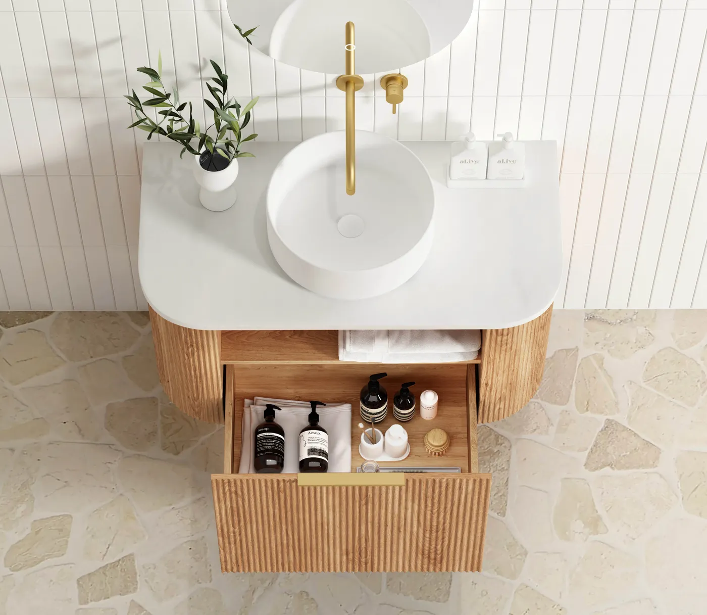 OTTI BONDI WOODLAND OAK FLUTED 900MM CURVE SINGLE BOWL WALL HUNG VANITY