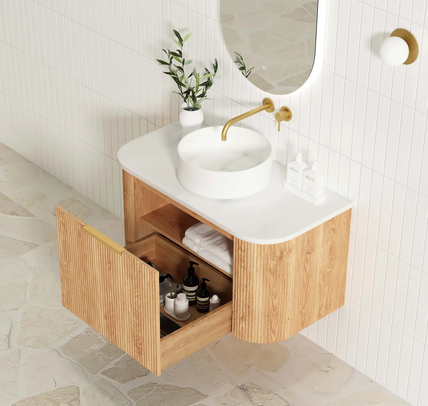 OTTI BONDI WOODLAND OAK FLUTED 900MM CURVE SINGLE BOWL WALL HUNG VANITY