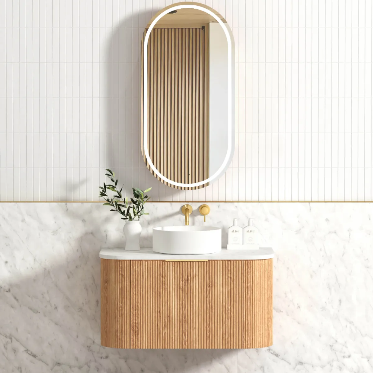 OTTI BONDI WOODLAND OAK FLUTED 900MM CURVE SINGLE BOWL WALL HUNG VANITY