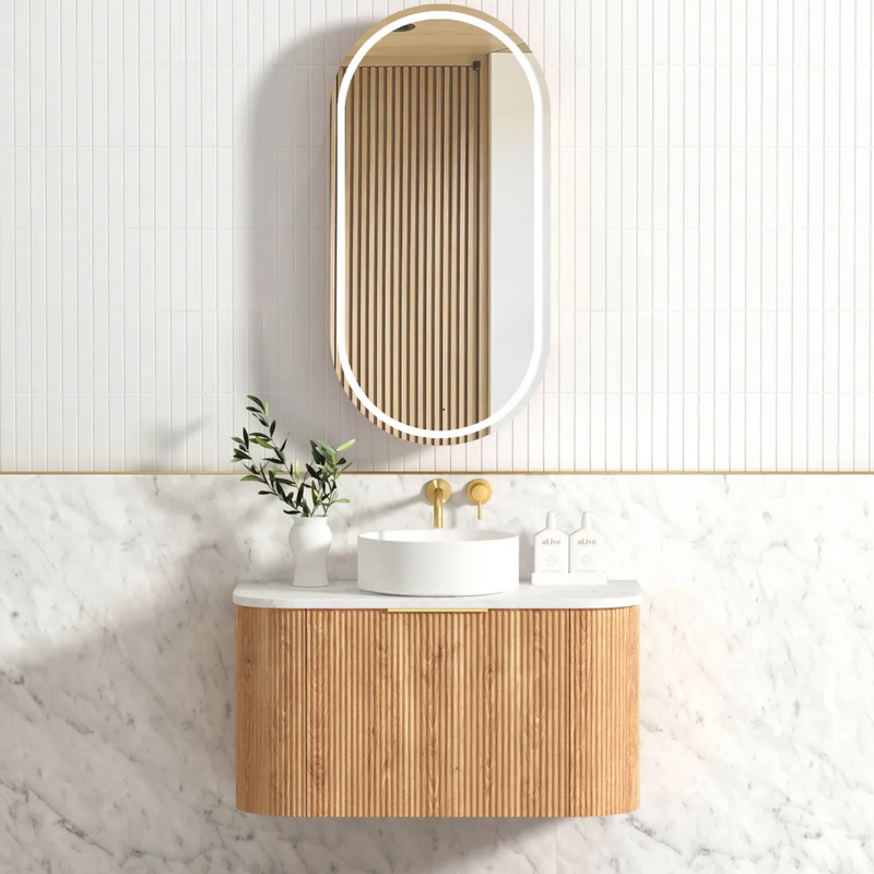OTTI BONDI WOODLAND OAK FLUTED 900MM CURVE SINGLE BOWL WALL HUNG VANITY ...