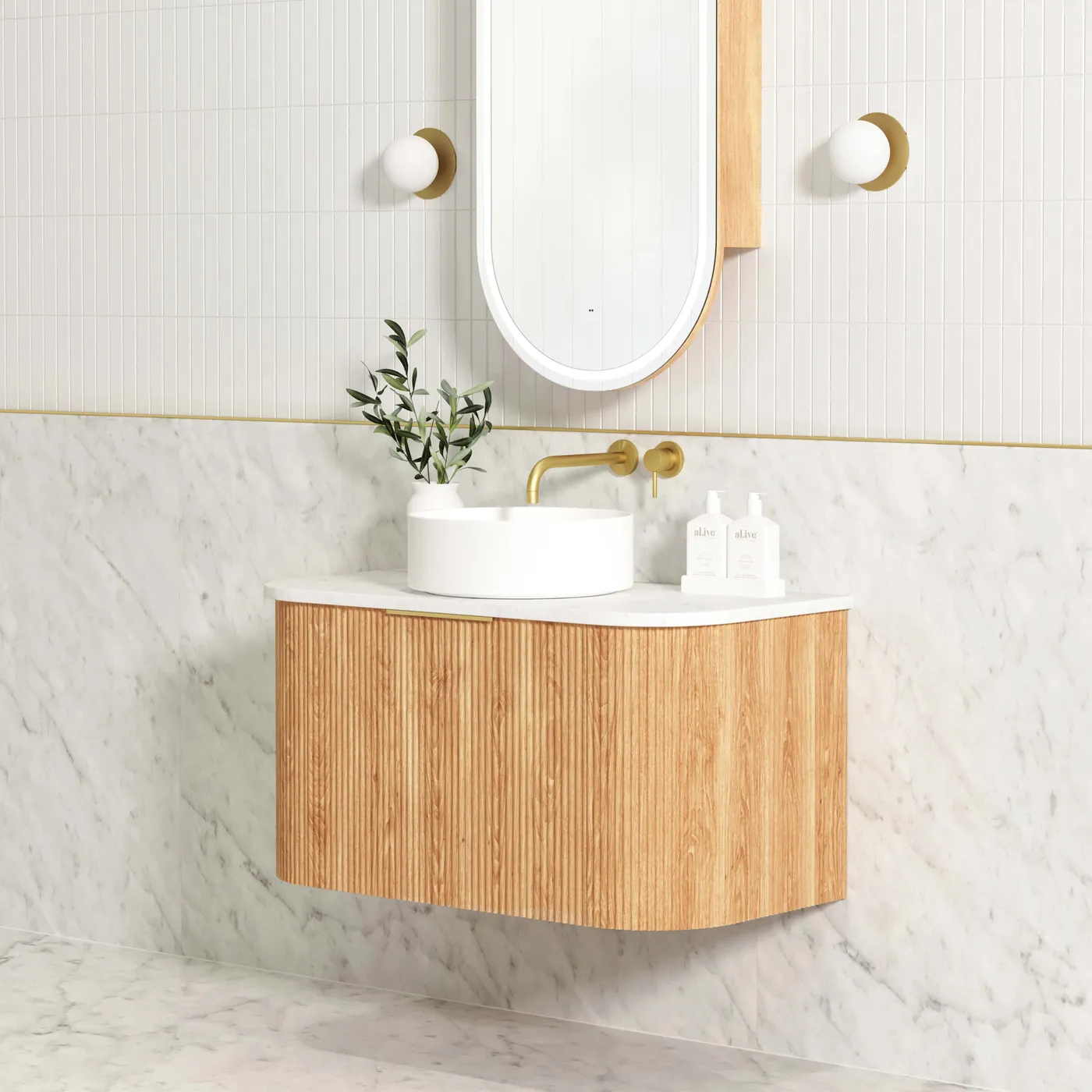 OTTI BONDI WOODLAND OAK FLUTED 900MM CURVE SINGLE BOWL WALL HUNG VANITY