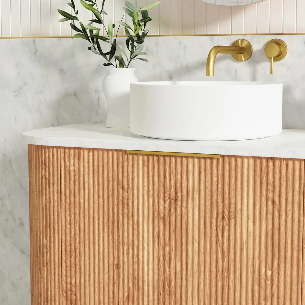 OTTI BONDI WOODLAND OAK FLUTED 900MM CURVE SINGLE BOWL WALL HUNG VANITY