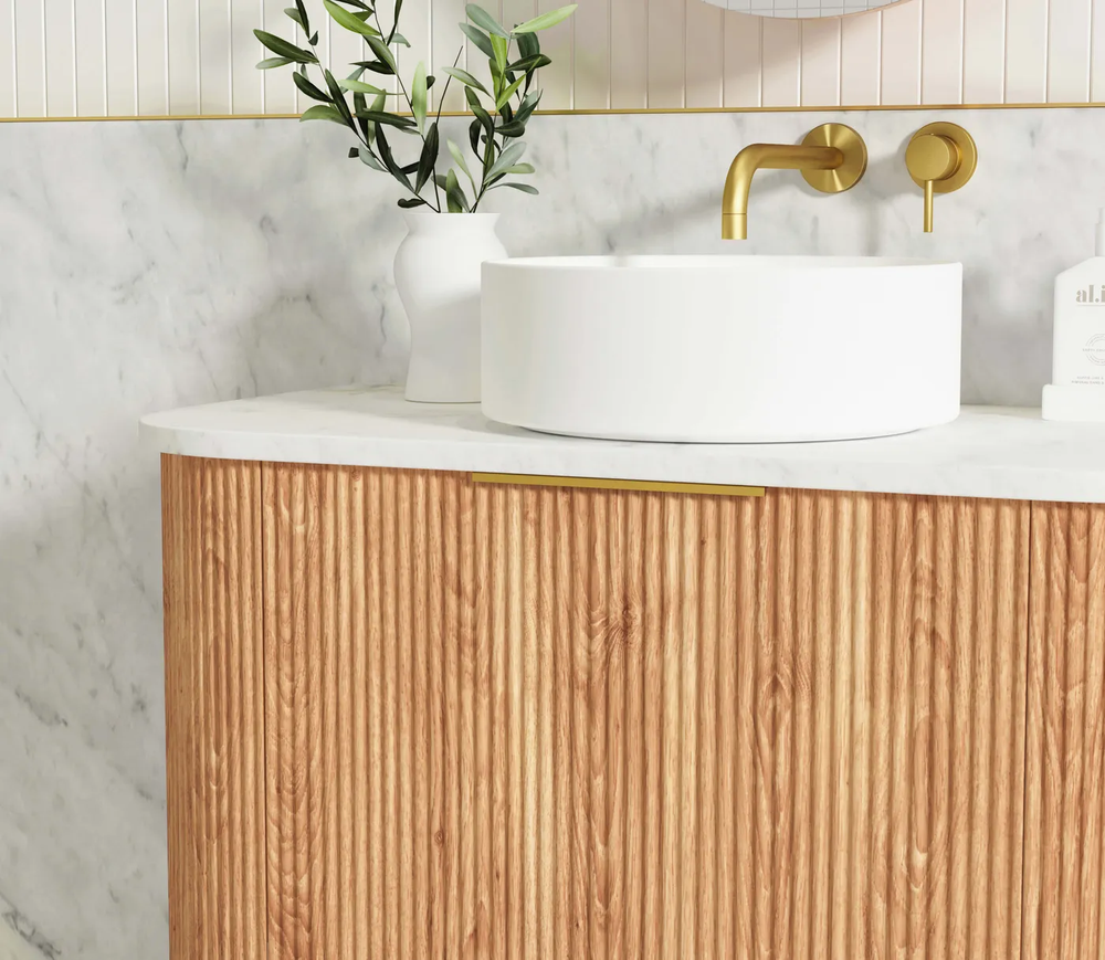 OTTI BONDI WOODLAND OAK FLUTED 900MM CURVE SINGLE BOWL WALL HUNG VANITY