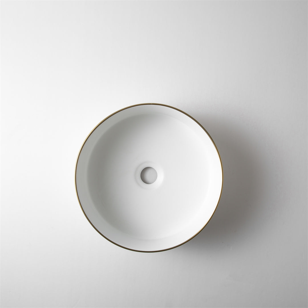 CLAYA ROUND ABOVE COUNTER BASIN MATTE WHITE GOLD RIM 360MM