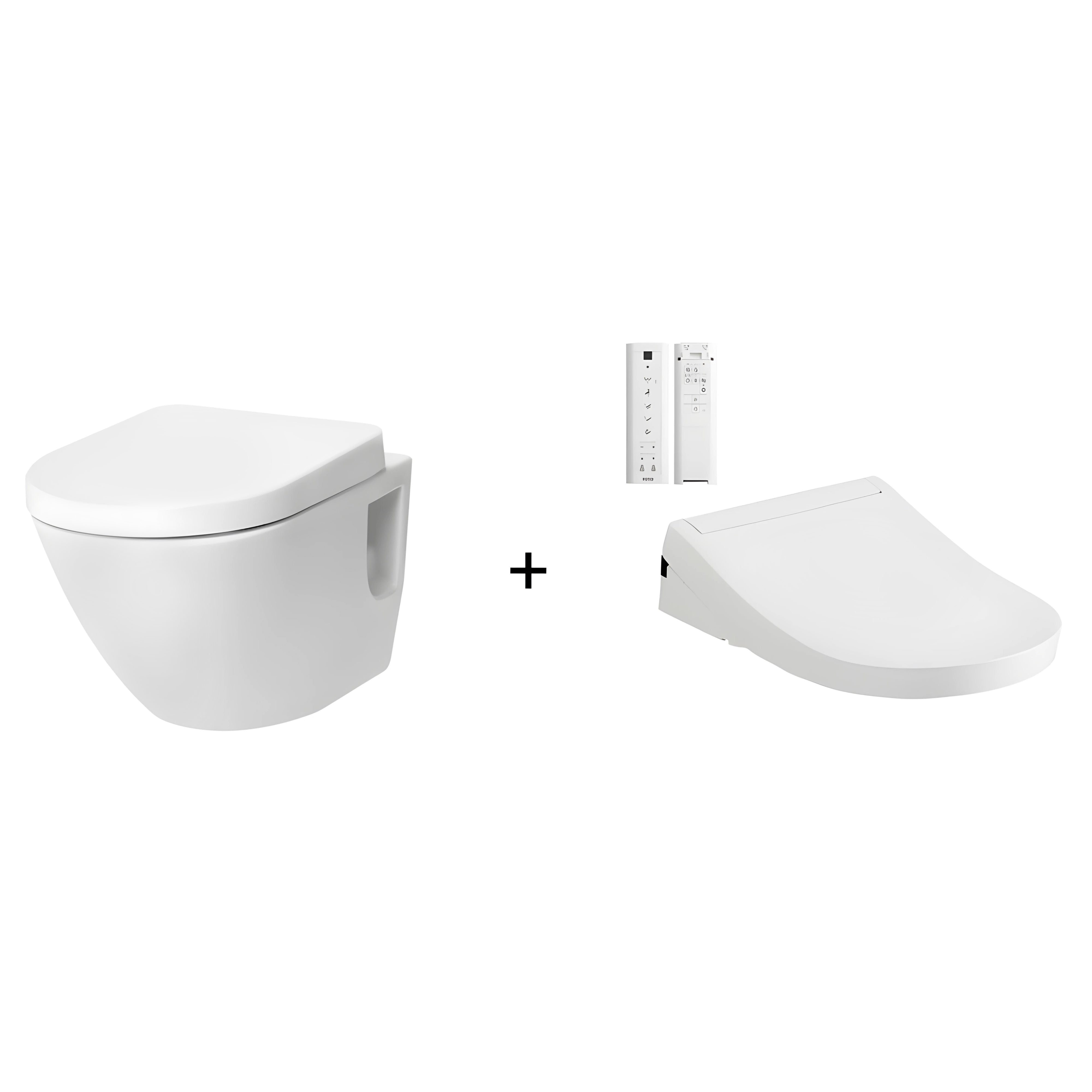 TOTO BASIC+ WALL HUNG TOILET AND S5 WASHLET W/ REMOTE CONTROL PACKAGE (D-SHAPED) GLOSS WHITE