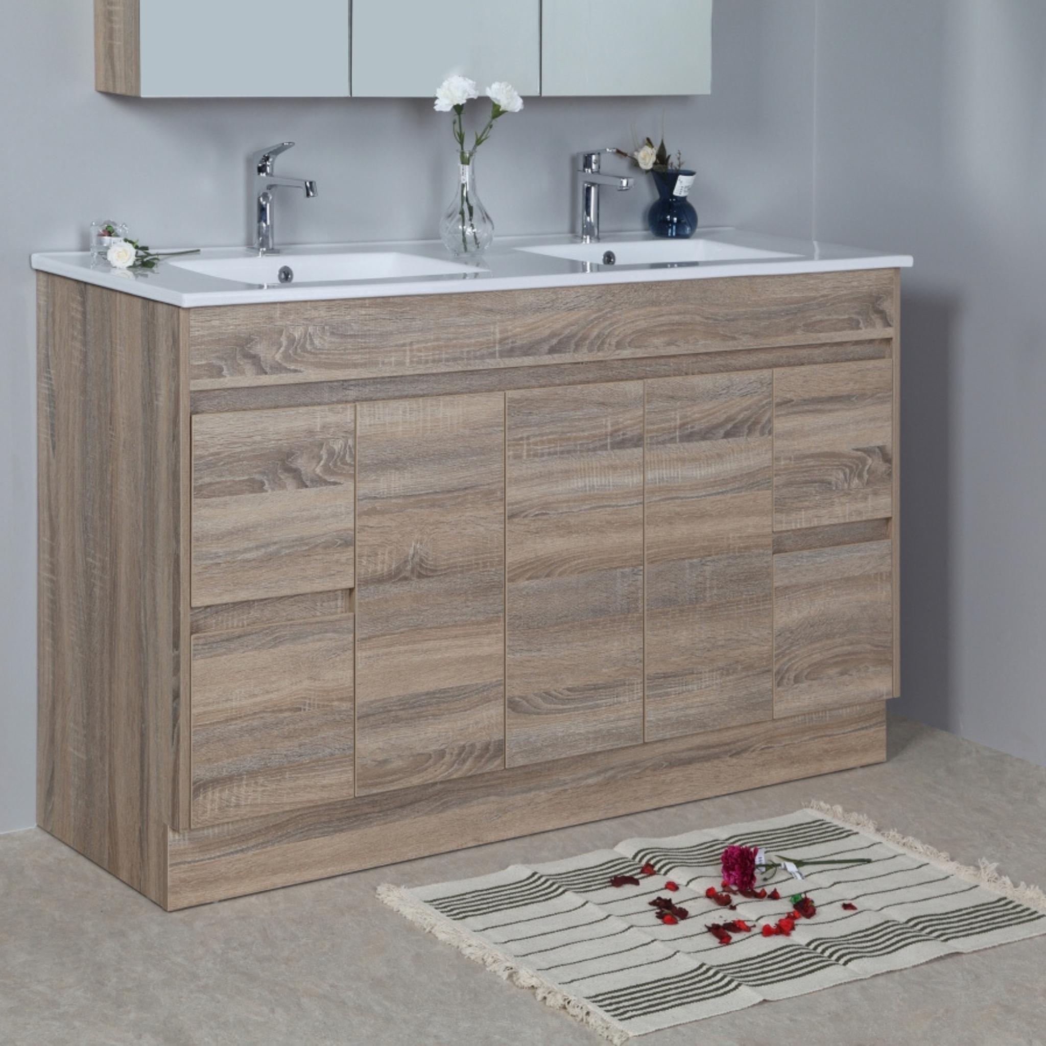 AULIC GRACE WHITE OAK 1500MM DOUBLE BOWL FLOOR STANDING VANITY
