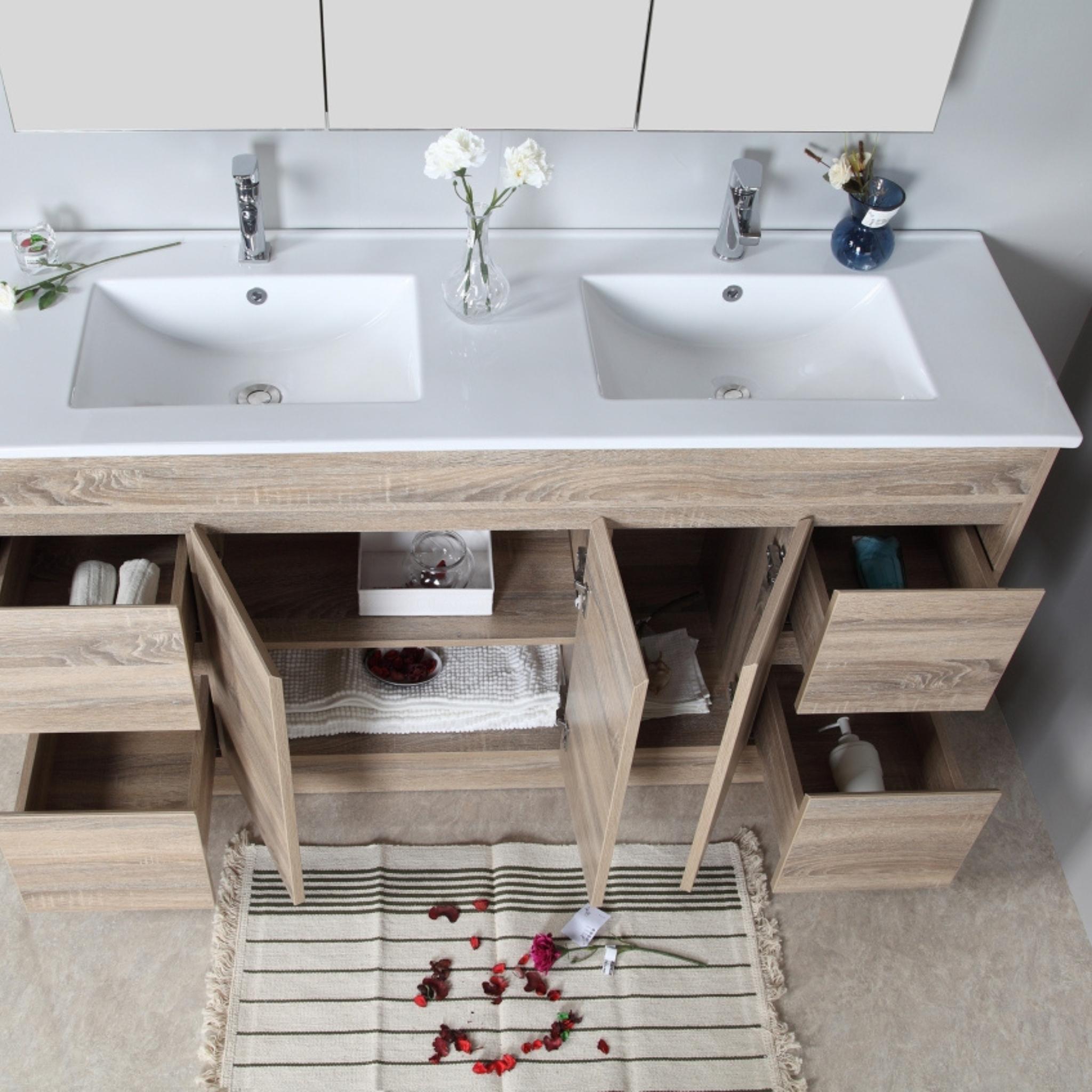 AULIC GRACE WHITE OAK 1500MM DOUBLE BOWL FLOOR STANDING VANITY