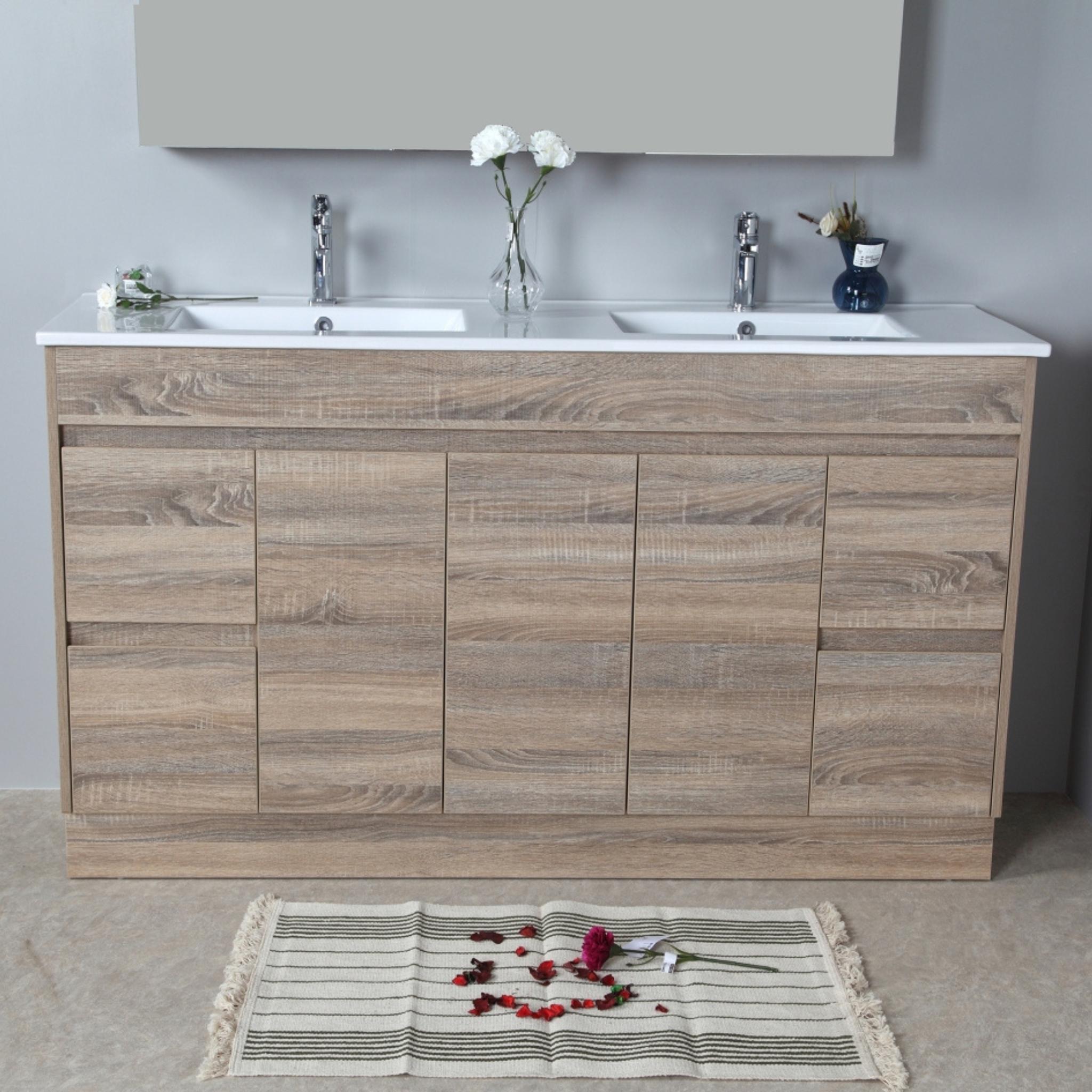 AULIC GRACE WHITE OAK 1500MM DOUBLE BOWL FLOOR STANDING VANITY