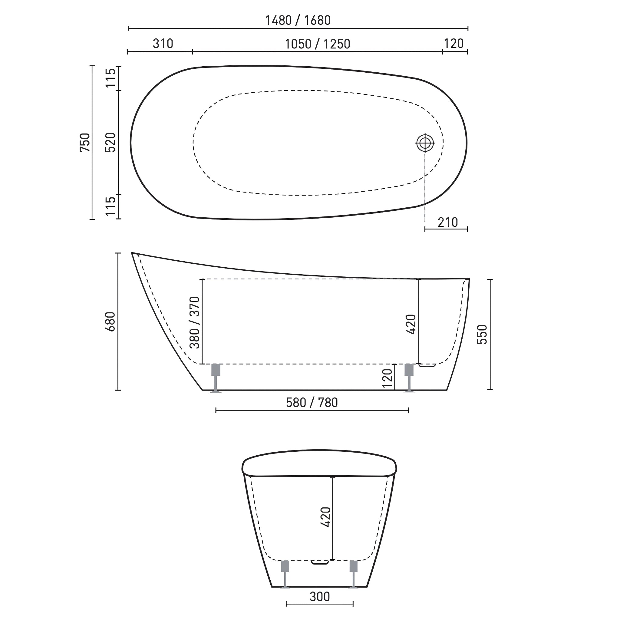 DECINA CAVAL FREESTANDING BATHTUB GLOSS WHITE (AVAILABLE IN 1480MM AND 1680MM)