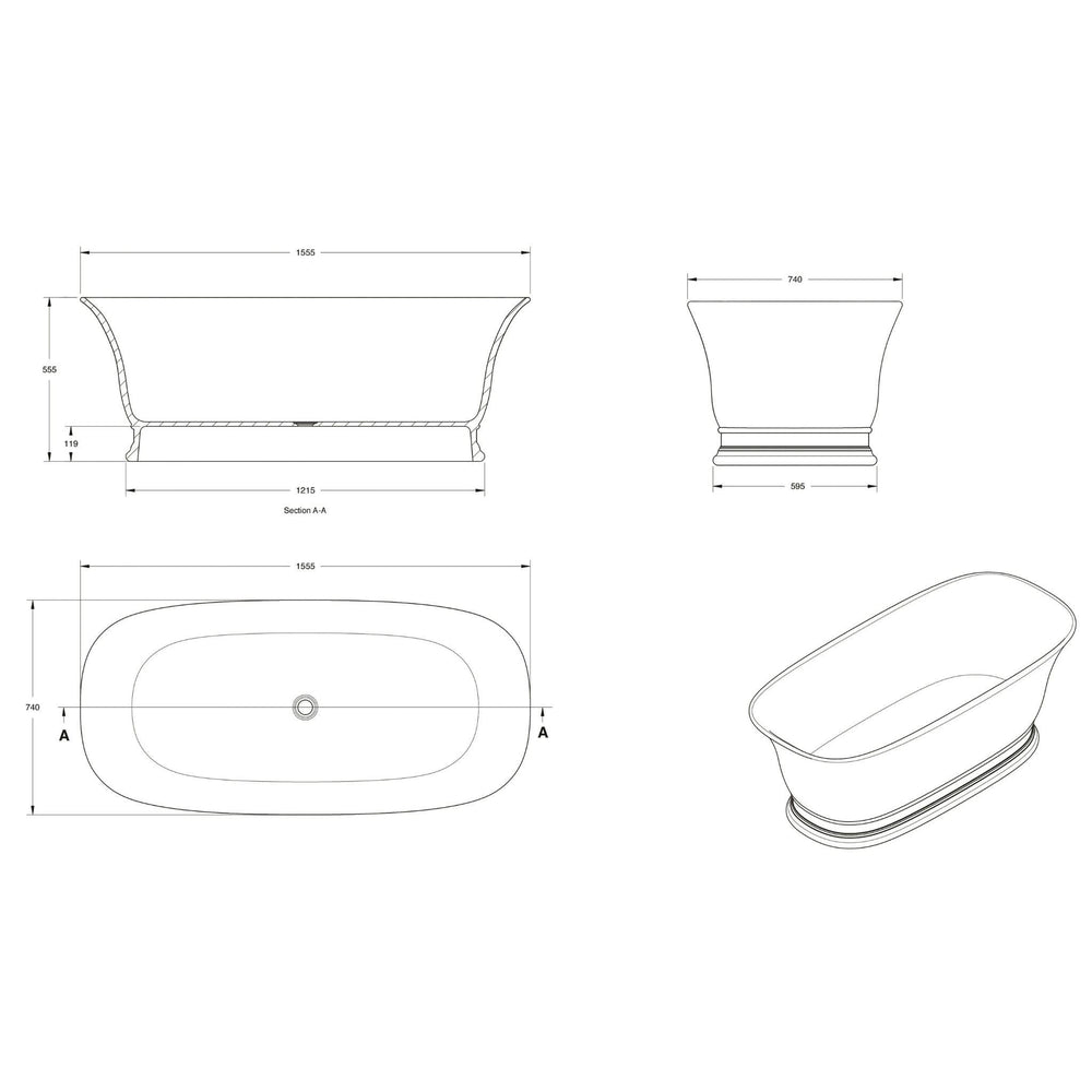 TURNER HASTINGS CAMBRIDGE TITANCAST SOLID SURFACE FREESTANDING BATHTUB GLOSS WHITE (AVAILABLE IN 1555MM & 17400MM)