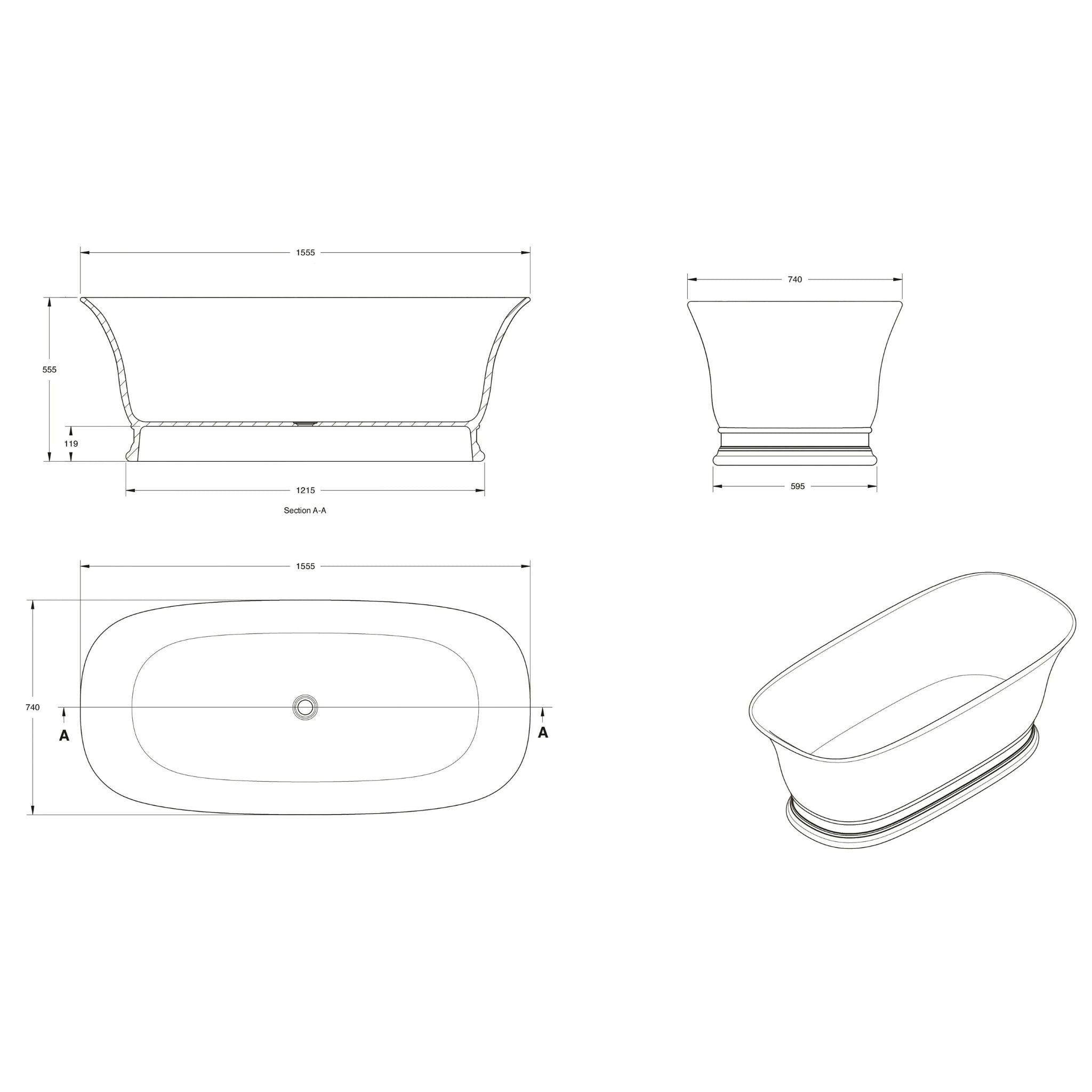 TURNER HASTINGS CAMBRIDGE TITANCAST SOLID SURFACE FREESTANDING BATHTUB GLOSS WHITE (AVAILABLE IN 1555MM & 17400MM)