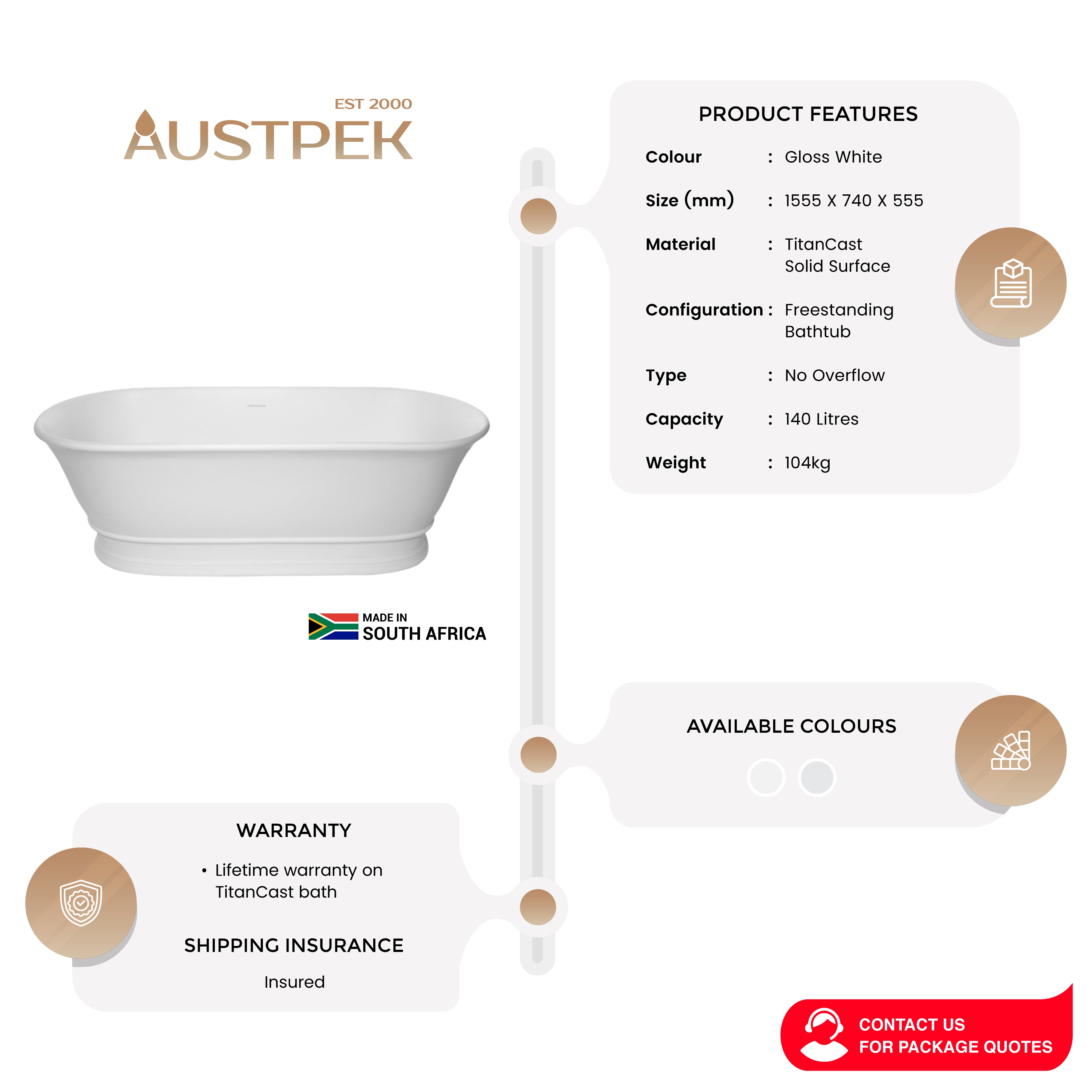 TURNER HASTINGS CAMBRIDGE TITANCAST SOLID SURFACE FREESTANDING BATHTUB GLOSS WHITE 1555MM