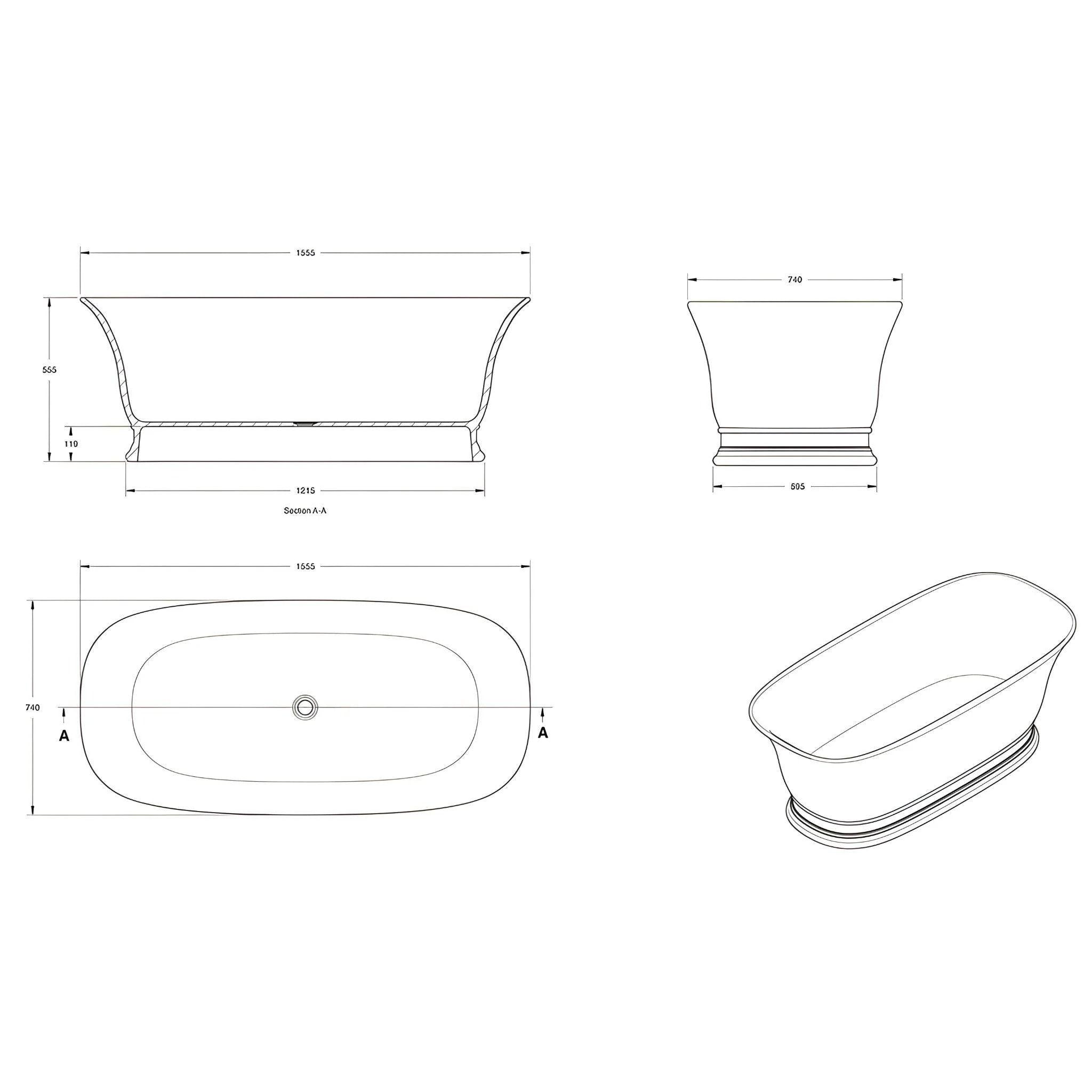 TURNER HASTINGS CAMBRIDGE TITANCAST SOLID SURFACE FREESTANDING BATHTUB SPECIAL FINISH WITH OVERFLOW (AVAILABLE IN 1555MM & 1740MM)