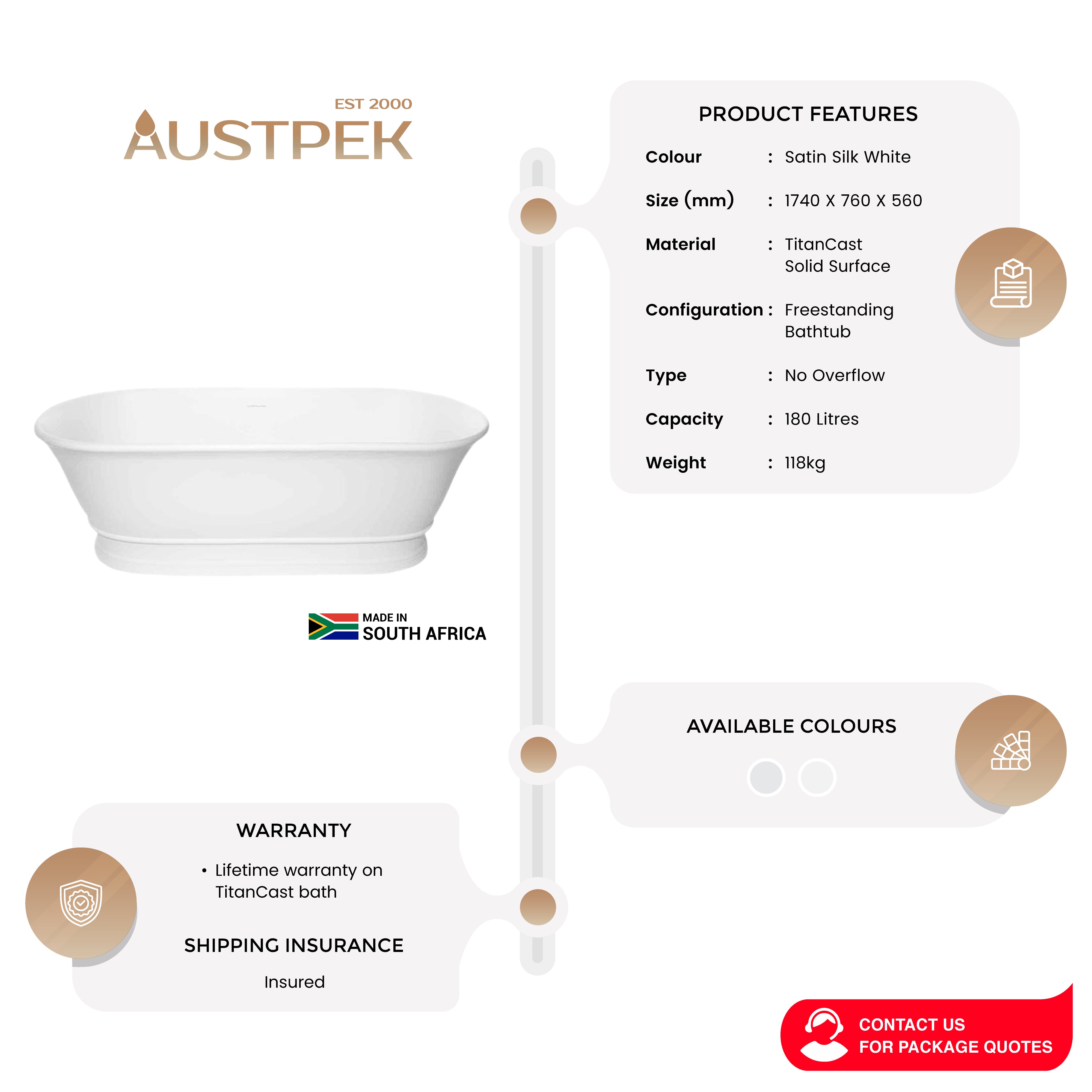 TURNER HASTINGS CAMBRIDGE TITANCAST SOLID SURFACE FREESTANDING BATHTUB SATIN SILK WHITE 1740MM