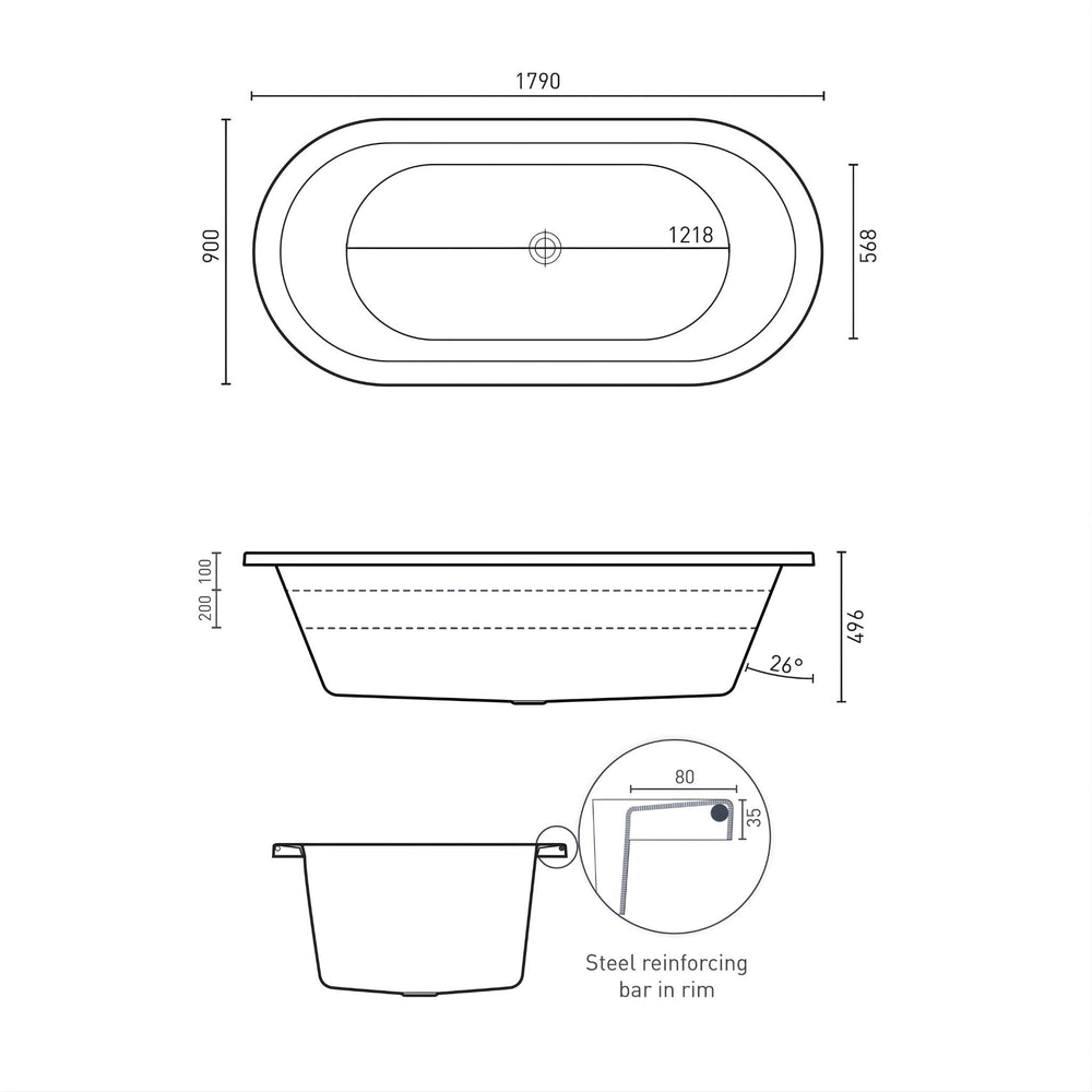 DECINA CAVAL INSET CONTOUR SPA BATH GLOSS WHITE 1790MM WITH 14-JETS