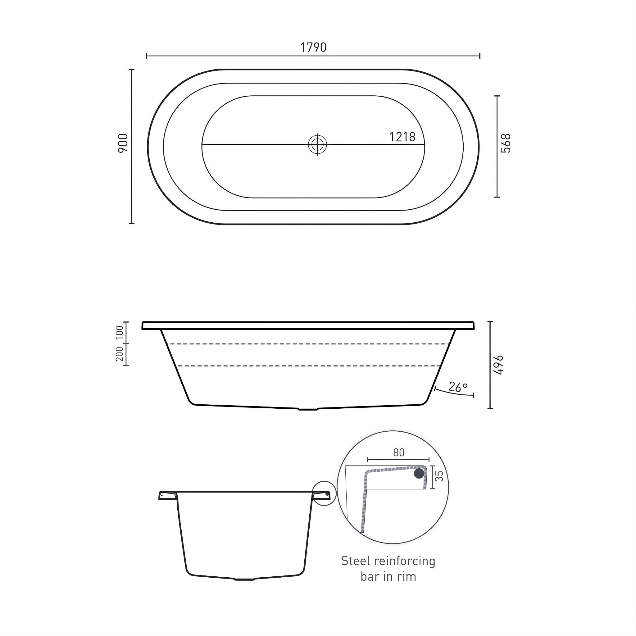 DECINA CAVAL INSET DOLCE VITA SPA BATH GLOSS WHITE 1790MM WITH 18-JETS