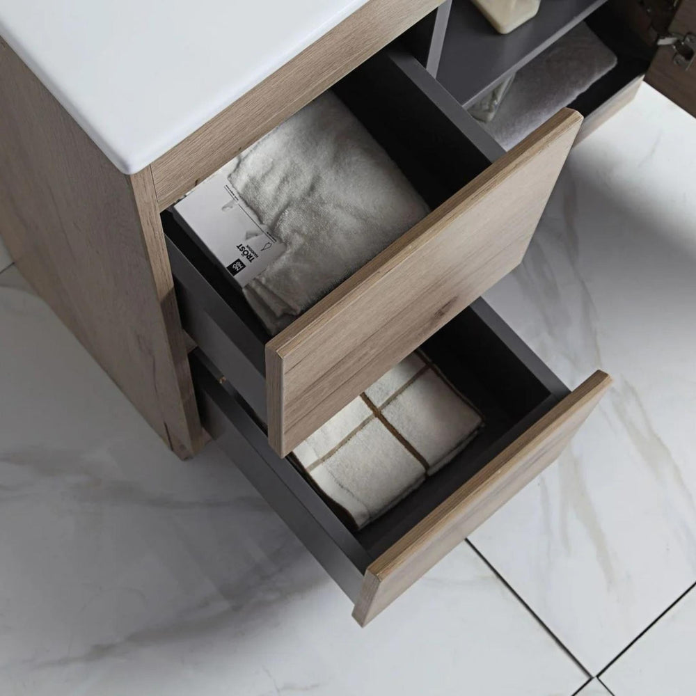 AULIC YORK WHITE OAK 600MM SPACE SAVING SINGLE BOWL FREE STANDING VANITY