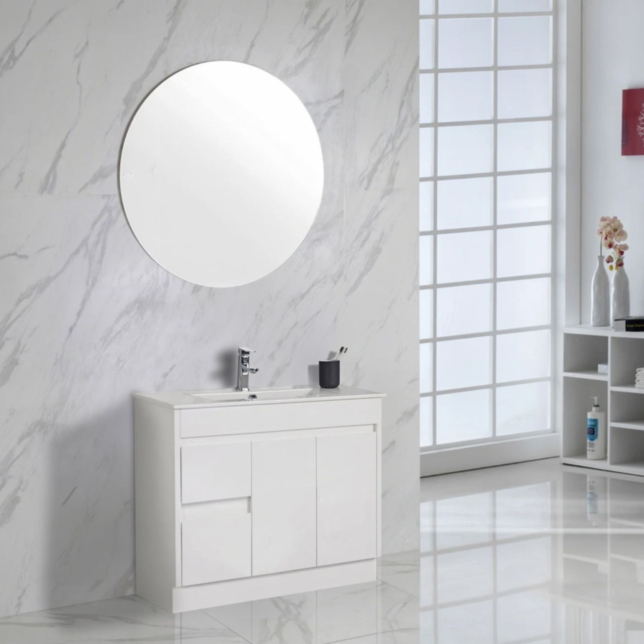 AULIC MAYA WHITE 900MM SPACE SAVING SINGLE BOWL FREESTANDING VANITY