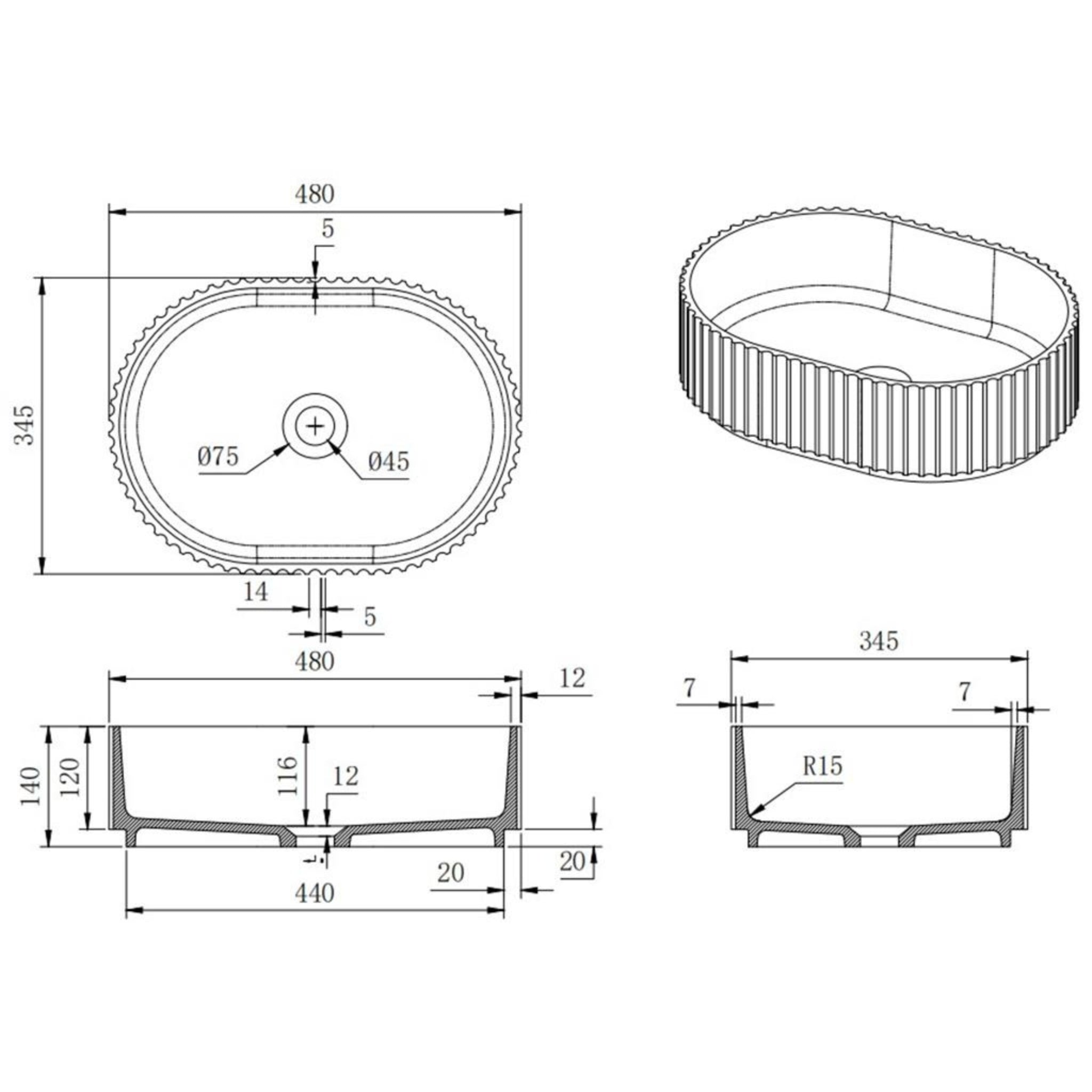 CETO ALLY FLUTED OVAL SHAPE ABOVE COUNTER BASIN MATTE WHITE 480MM