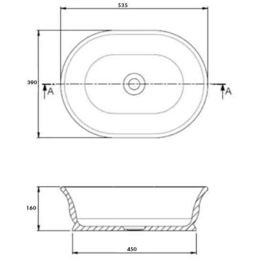 TURNER HASTINGS CAMBRIDGE OVAL TITANCAST SOLID SURFACE ABOVE COUNTER BASIN GLOSS WHITE 535MM