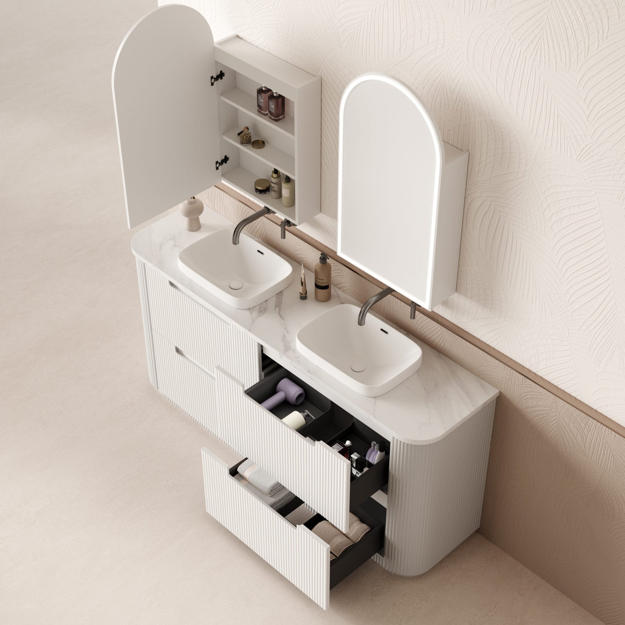 AULIC CURVA CURVED MATTE WHITE 1800MM DOUBLE BOWL FLOOR STANDING VANITY