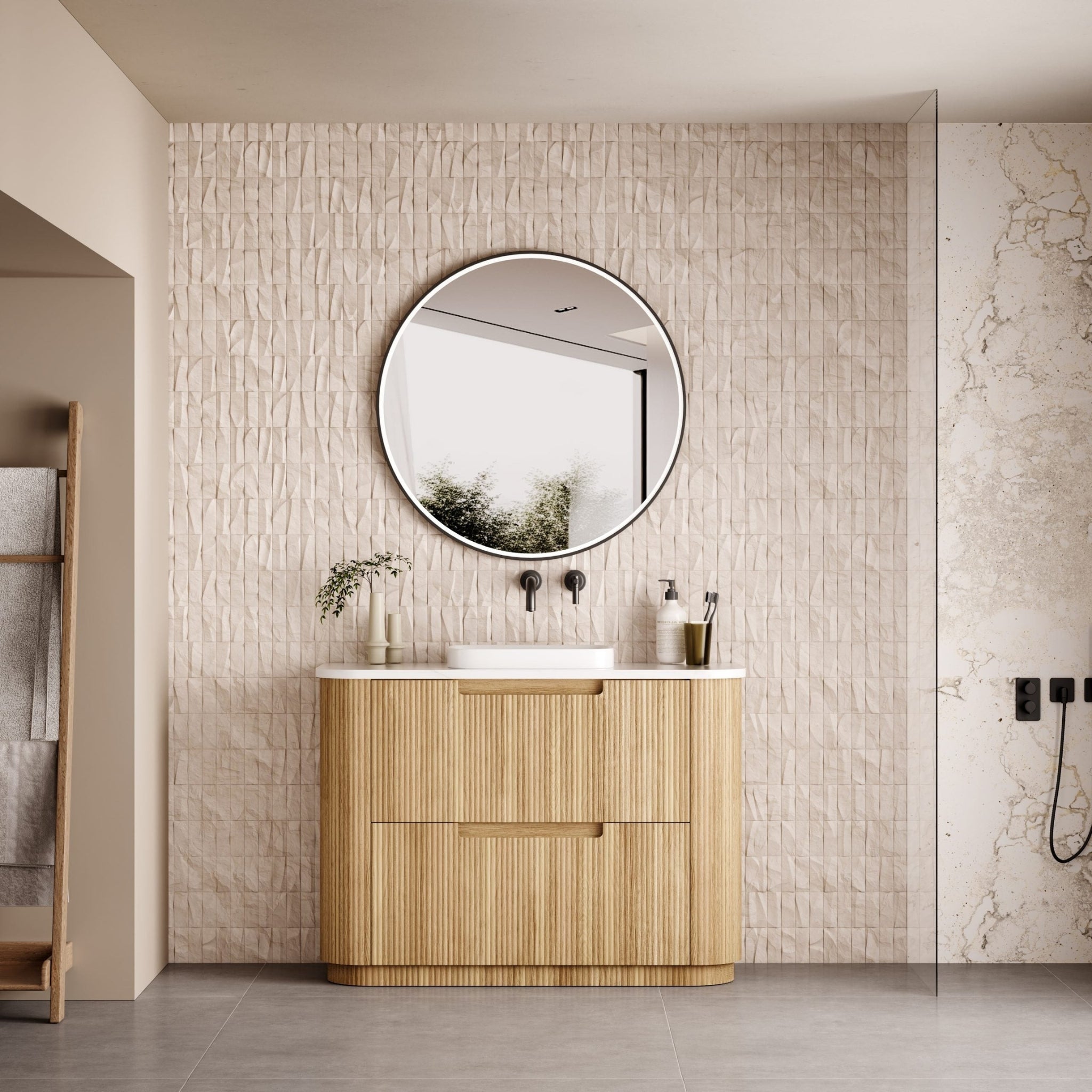 AULIC VARCELLI CURVED HARVEST OAK 1200MM SINGLE BOWL FLOOR STANDING VANITY W/ QUADRO HETTICH RUNNERS