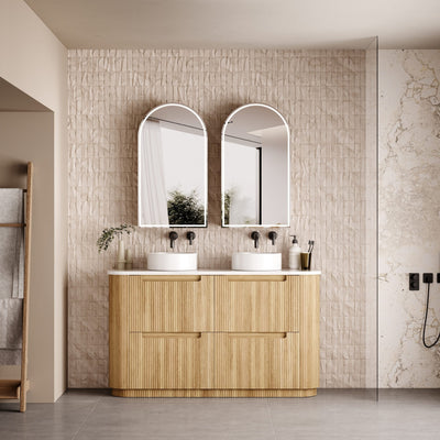 AULIC VARCELLI CURVED HARVEST OAK 1500MM DOUBLE BOWL FLOOR STANDING VANITY