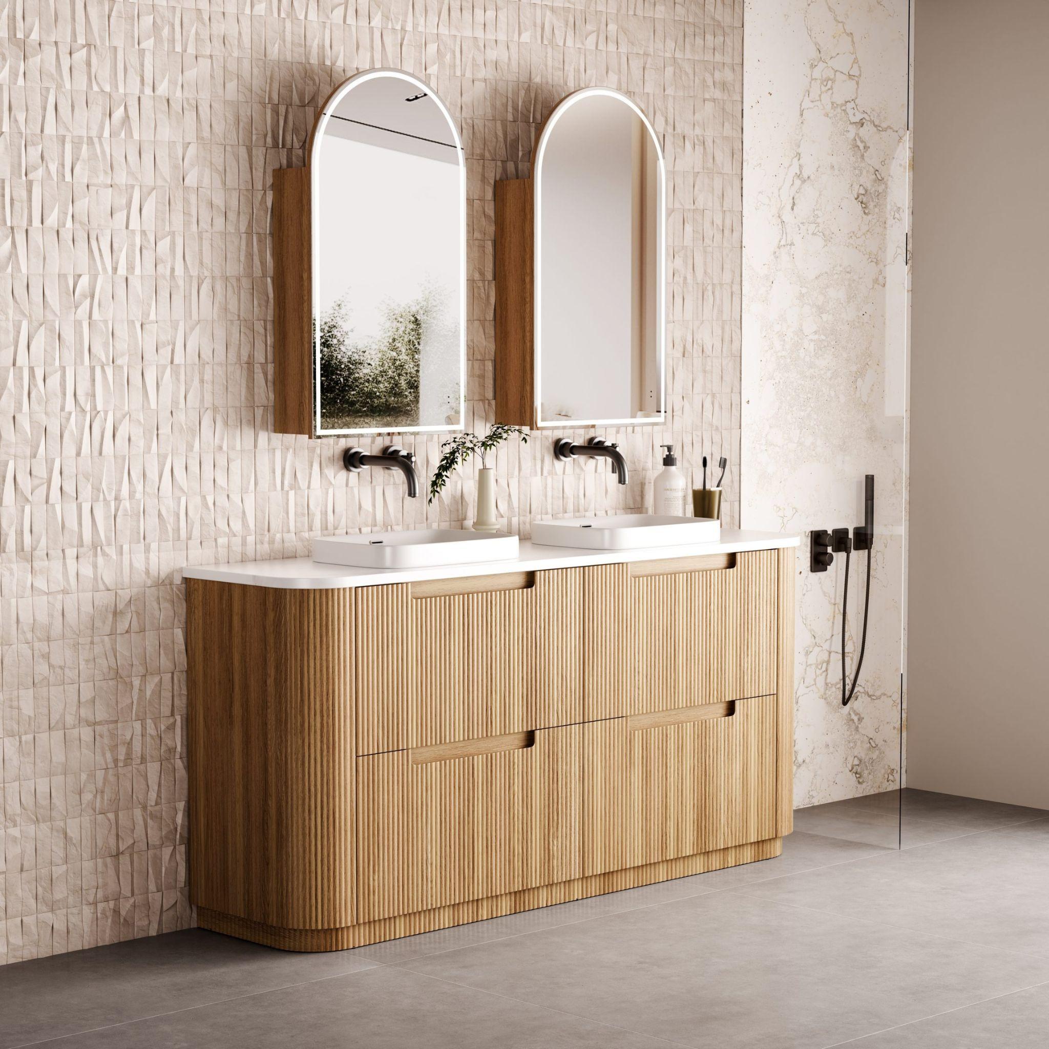 AULIC VARCELLI CURVED HARVEST OAK 1800MM DOUBLE BOWL FLOOR STANDING VANITY