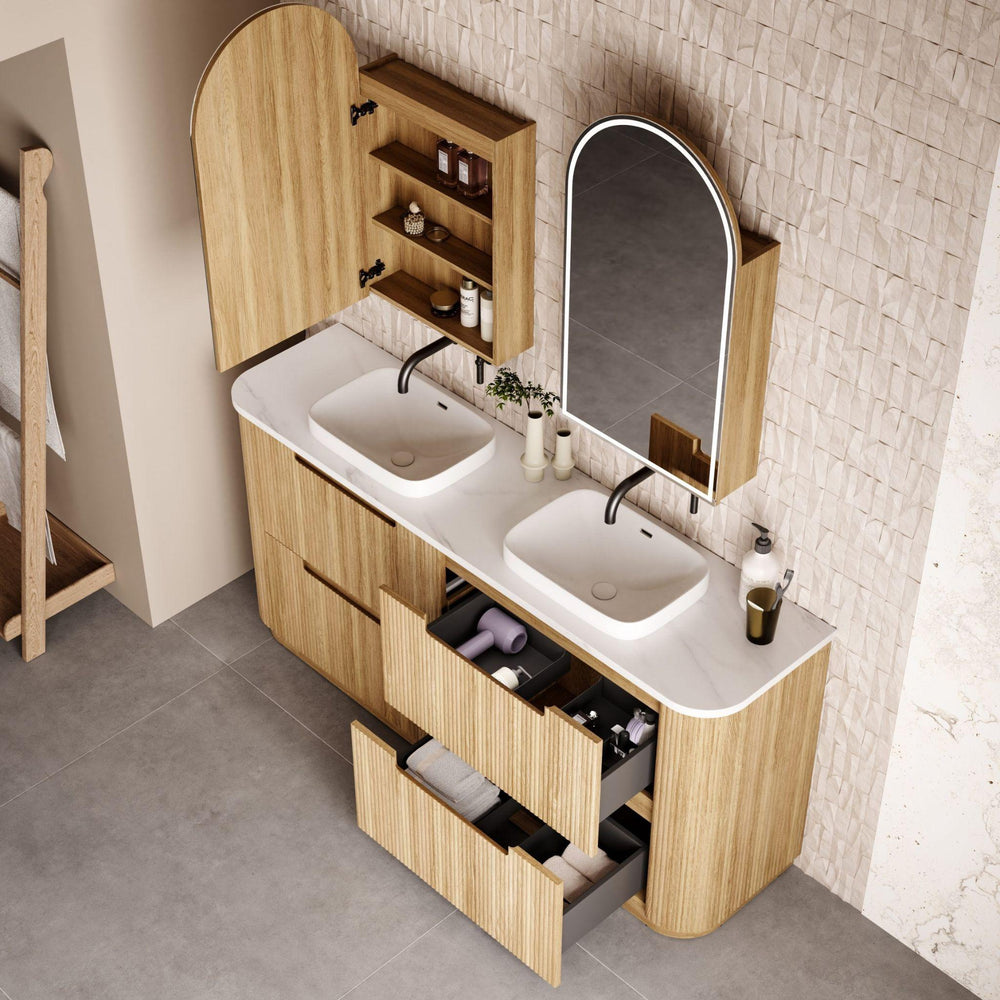 AULIC VARCELLI CURVED HARVEST OAK 1800MM DOUBLE BOWL FLOOR STANDING VANITY