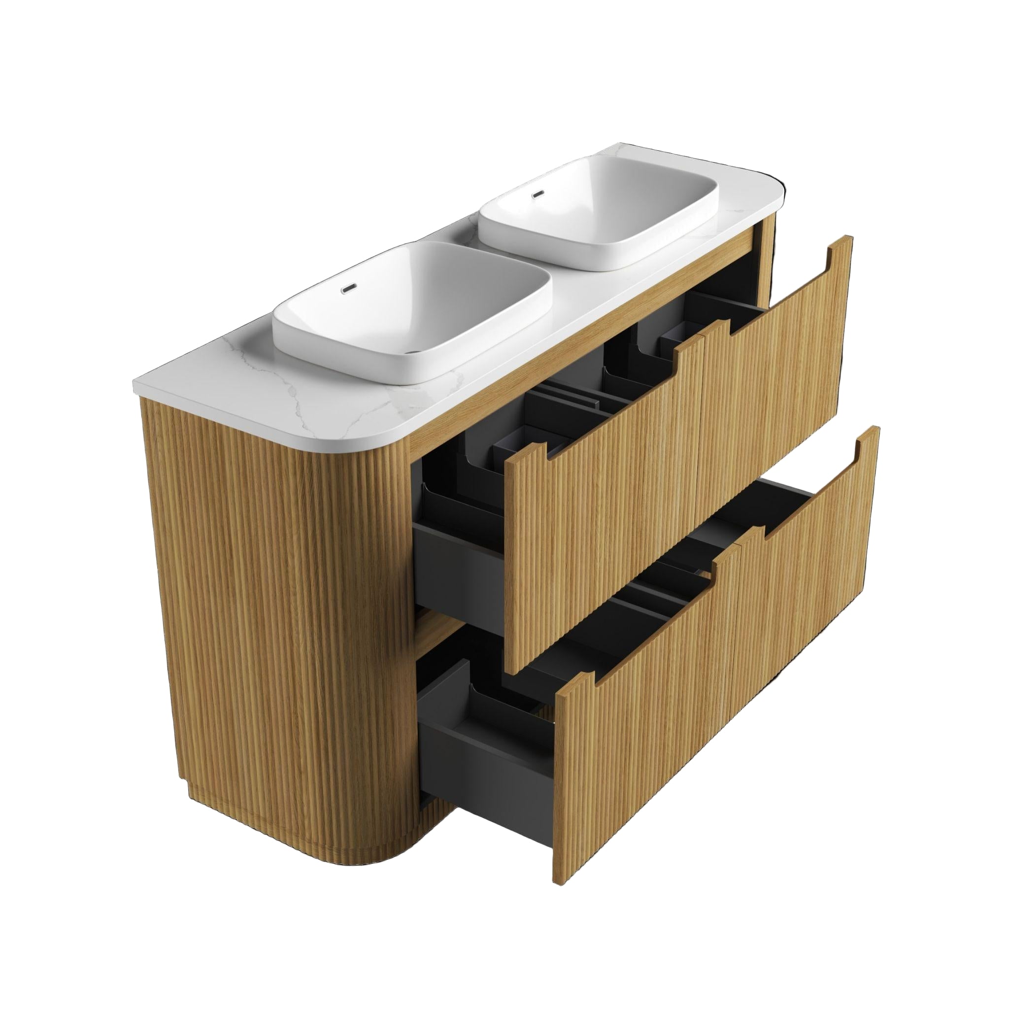 AULIC VARCELLI CURVED HARVEST OAK 1800MM DOUBLE BOWL FLOOR STANDING VANITY