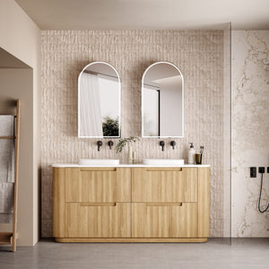 AULIC VARCELLI CURVED HARVEST OAK 1800MM DOUBLE BOWL FLOOR STANDING VANITY