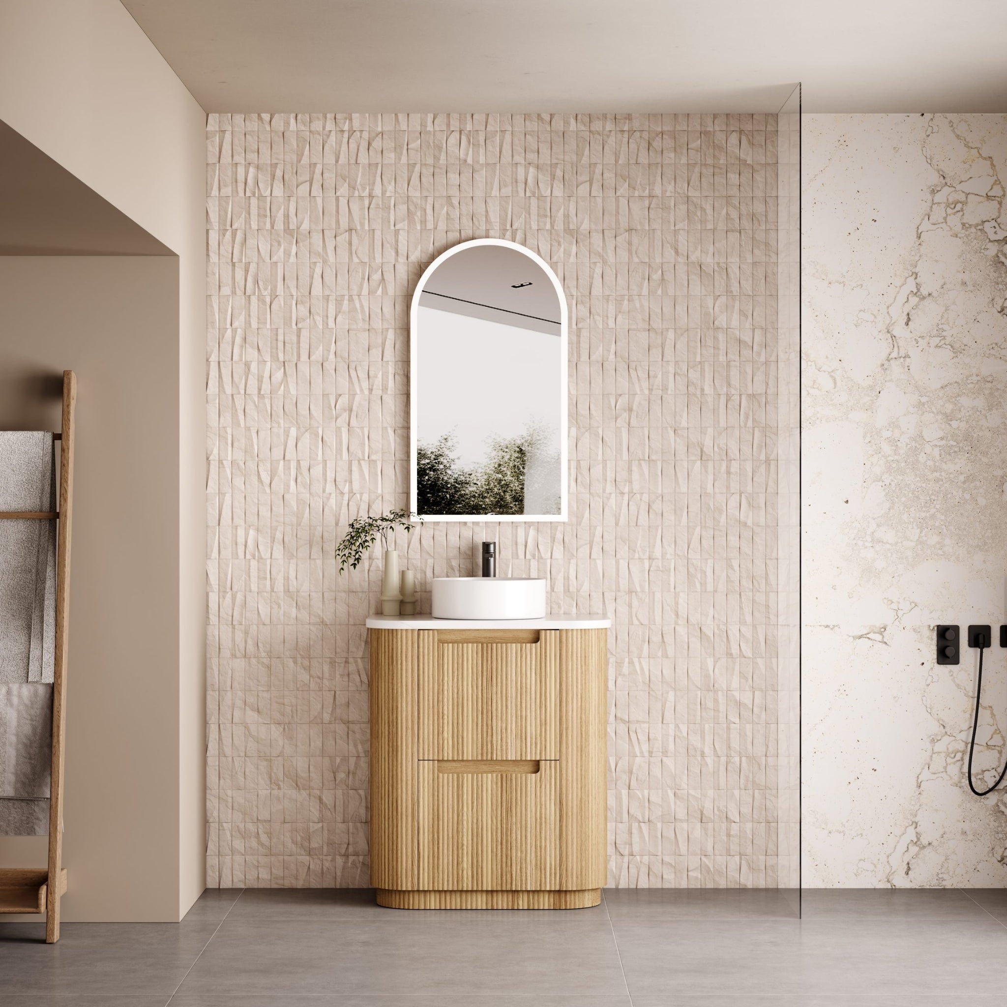 AULIC VARCELLI CURVED HARVEST OAK 750MM SINGLE BOWL FLOOR STANDING VANITY W/ QUADRO HETTICH RUNNERS