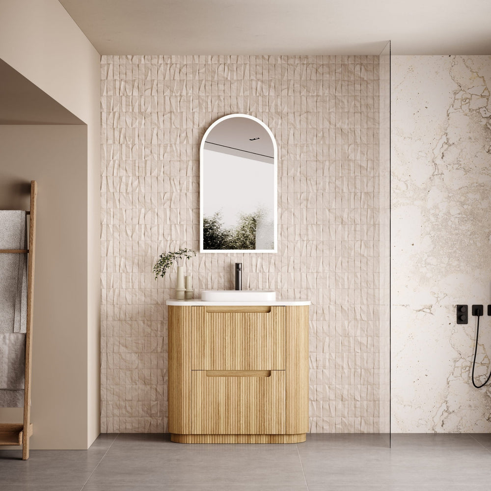 AULIC VARCELLI CURVED HARVEST OAK 900MM SINGLE BOWL FLOOR STANDING VANITY