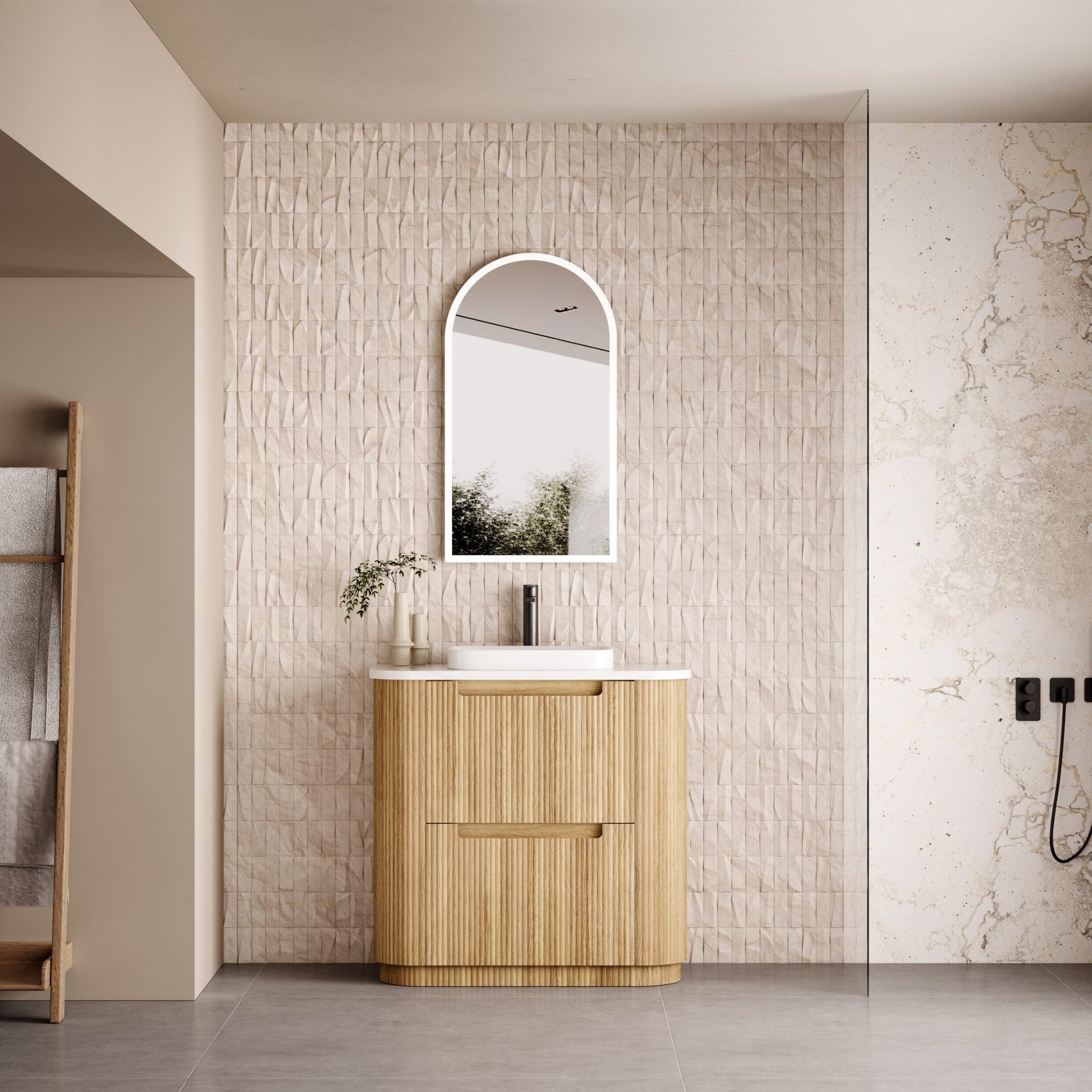 AULIC VARCELLI CURVED HARVEST OAK 900MM SINGLE BOWL FLOOR STANDING VANITY W/ QUADRO HETTICH RUNNERS