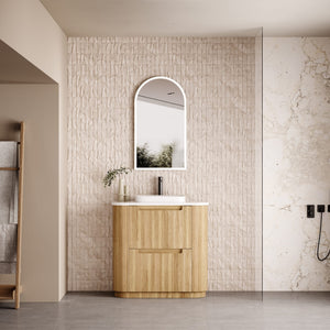 AULIC VARCELLI CURVED HARVEST OAK 900MM SINGLE BOWL FLOOR STANDING VANITY