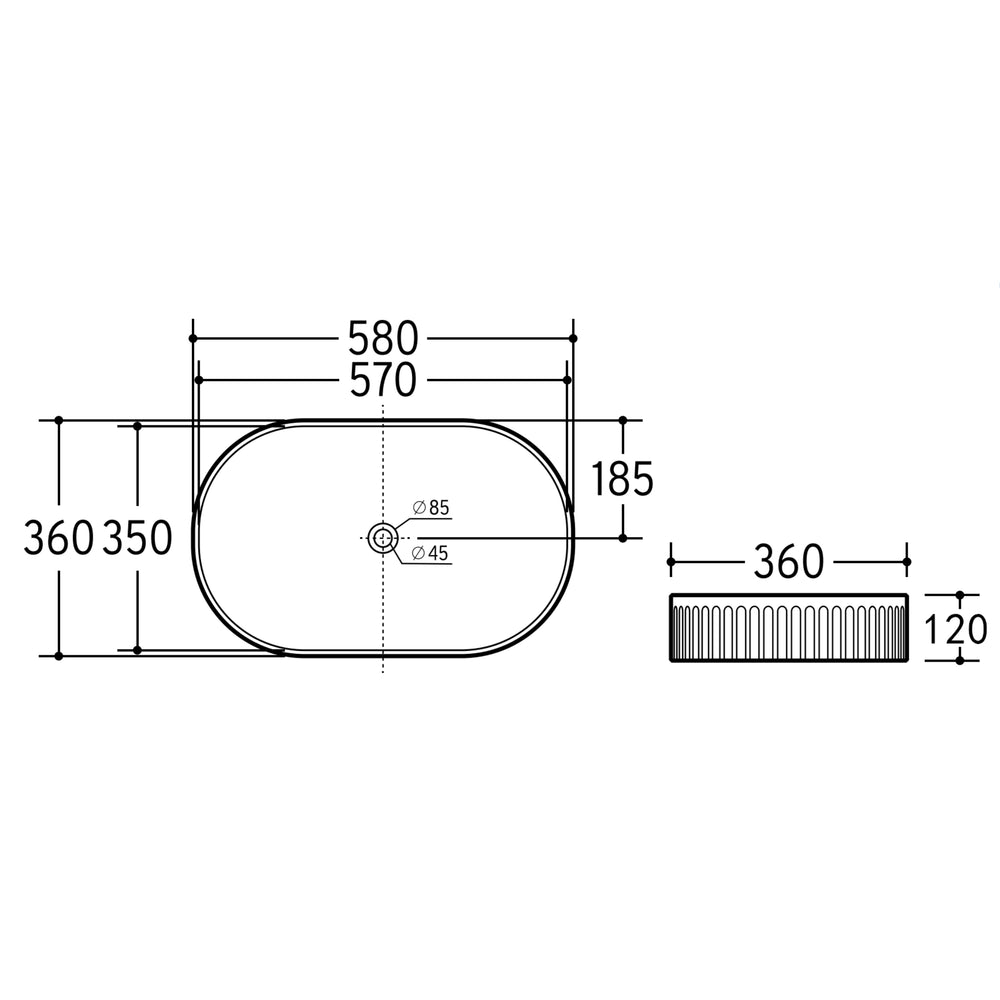 CETO CASCADE FLUTED OVAL ABOVE COUNTER BASIN MATTE BLACK 580MM