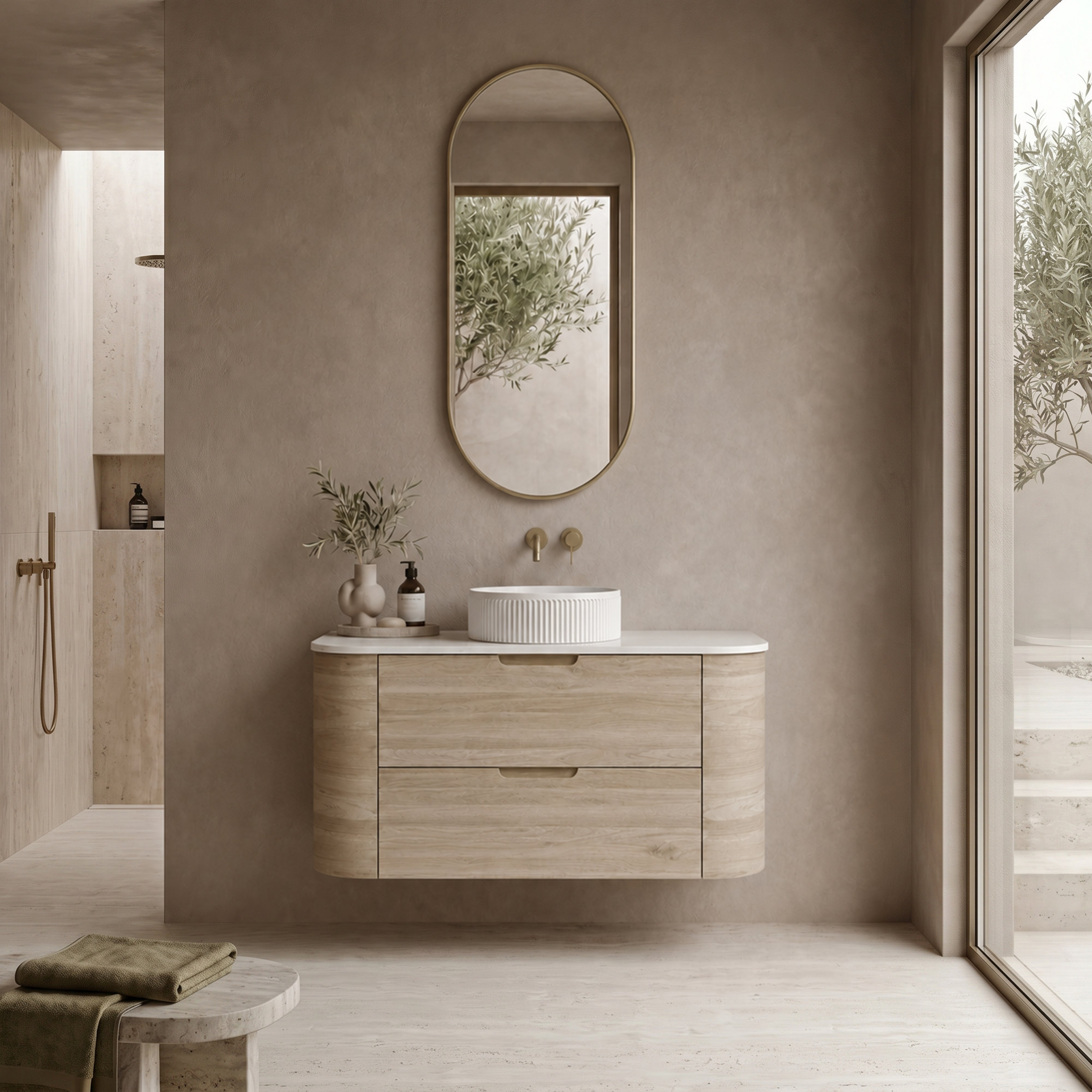 VITO CALVO CLASSIC OAK 900MM CURVED SINGLE BOWL WALL HUNG VANITY