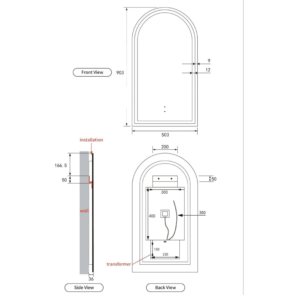 AULIC CANTERBURY LED MIRROR FRAMELESS 3 COLOUR LIGHTS 500X900MM